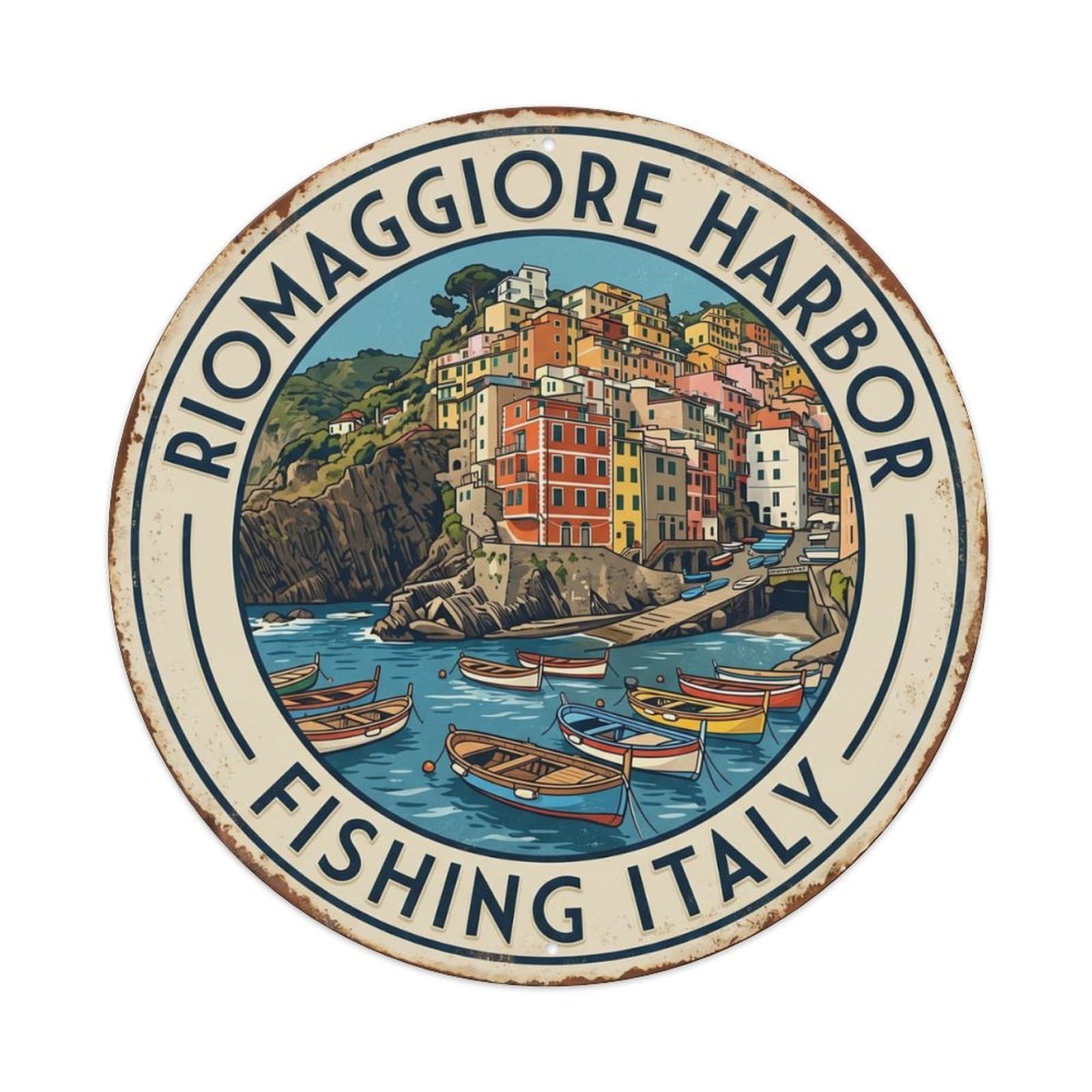 Riomaggiore Harbor Fishing Italy Village Metal Tin Sign Plaque Wall Decor for Cafe, Club Bar, Office, Home Garden Round Metal Poster 8x8Inch