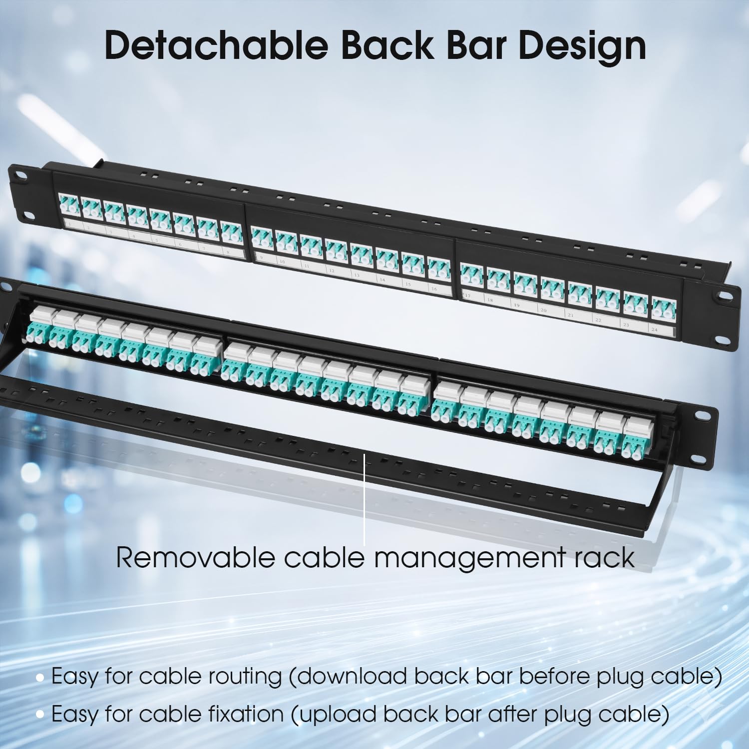Pannello patch in fibra multimodale LC OM3/OM4 a 48 porte 1U, rack da 48