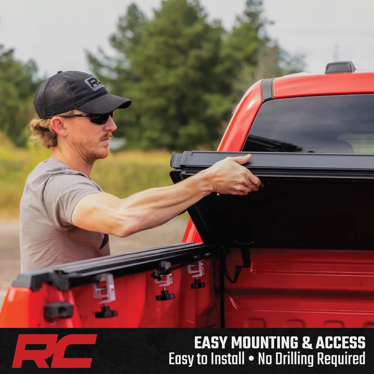 Rough Country Hard Tri-Fold Flip Up Truck Bed Tonneau Cover for Ford F-150 (2015-2020) - Flush Folding Aluminum Bed Cover, Fits 6'7" Bed
