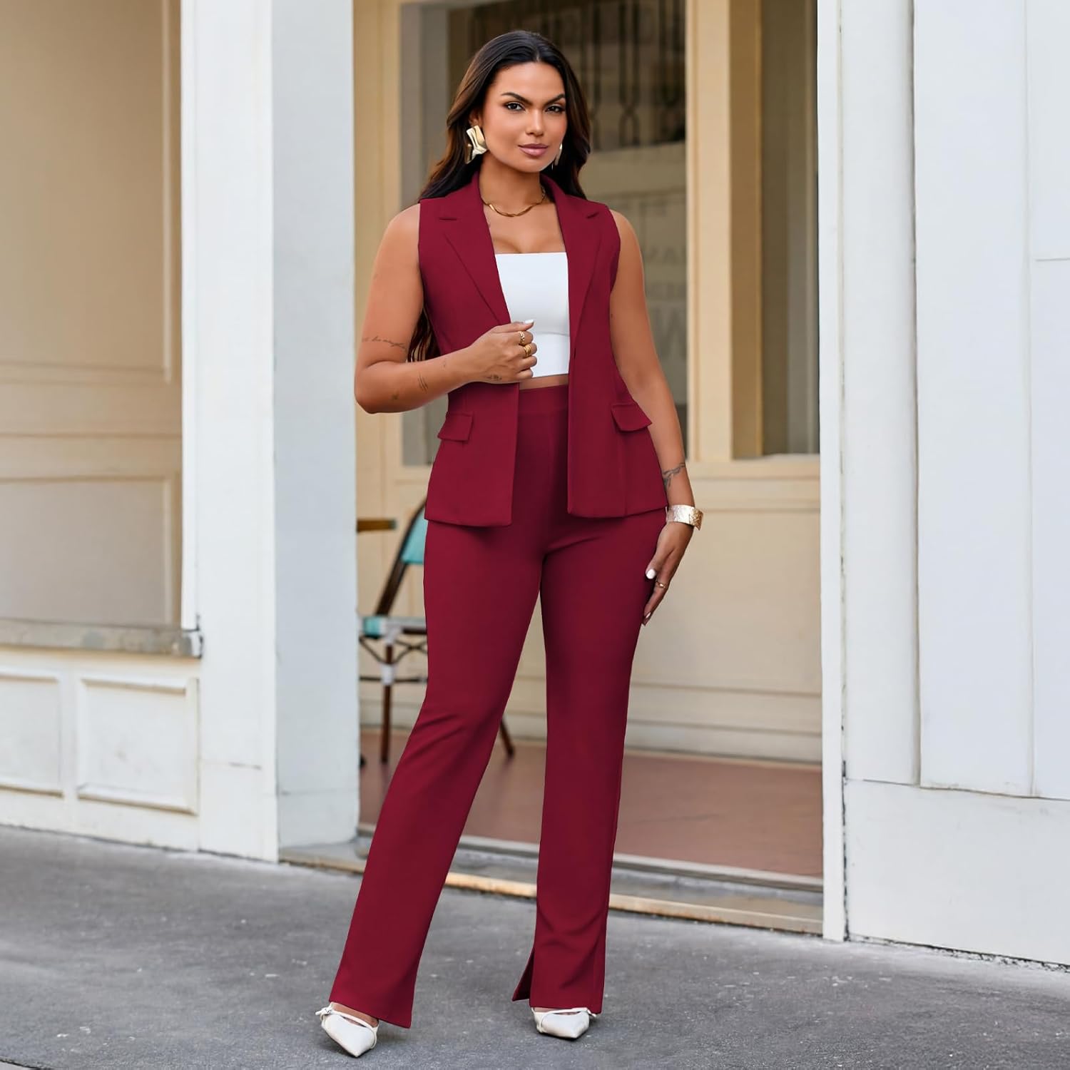 kaimimei Womens Suits 2 Piece Set Business Dressy Sleeveless Vest and Slit Pants Casual Office Work Outfits with Pockets - Image 2