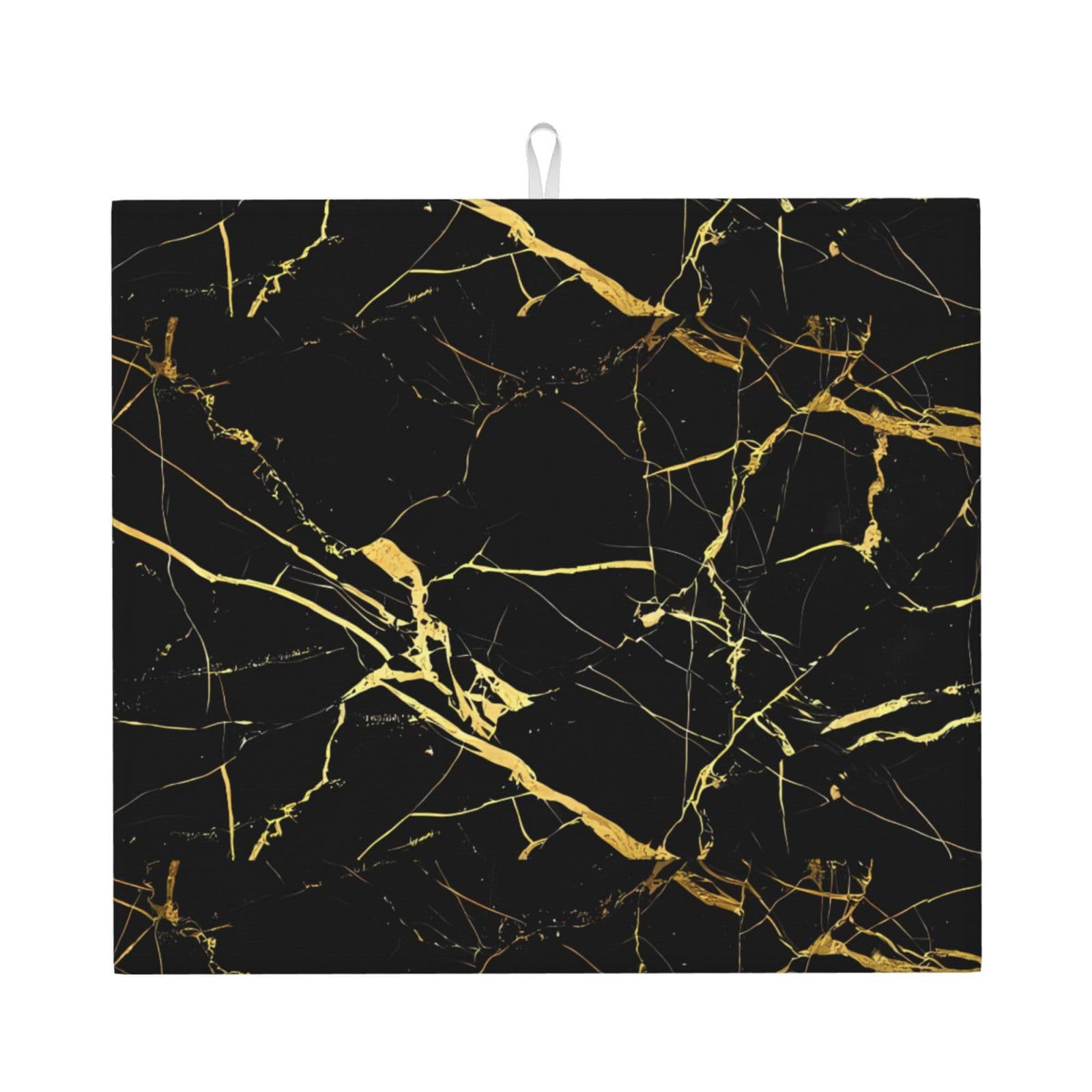 WHJSHOP Black Gold Marble Prints Kitchen Drying Mat – Absorbent Dish Throw for Countertops, Quick-Dry Non-Slip Layer with Colorful Prints, Ideal Housewarming Gift