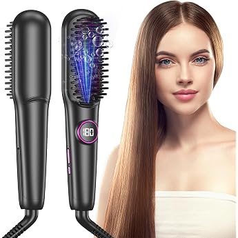 Ceramic Straightening Brush Professional Straightener & Hair Brush Hair Straightener Brush 9 Temperatures Ion Hair Straightener Brush Quick Heating 140-220 C LCD Display Anti-scalding