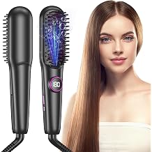 Hair Straightener Brush, Ceramic Straightening Brush, Ionic Hair Straightening Comb, Anti-Scald, 20s Fast Heating & 9 Temp Settings 140C-220C, LED Display, Auto-Off, Make Smooth/Shiny Hair