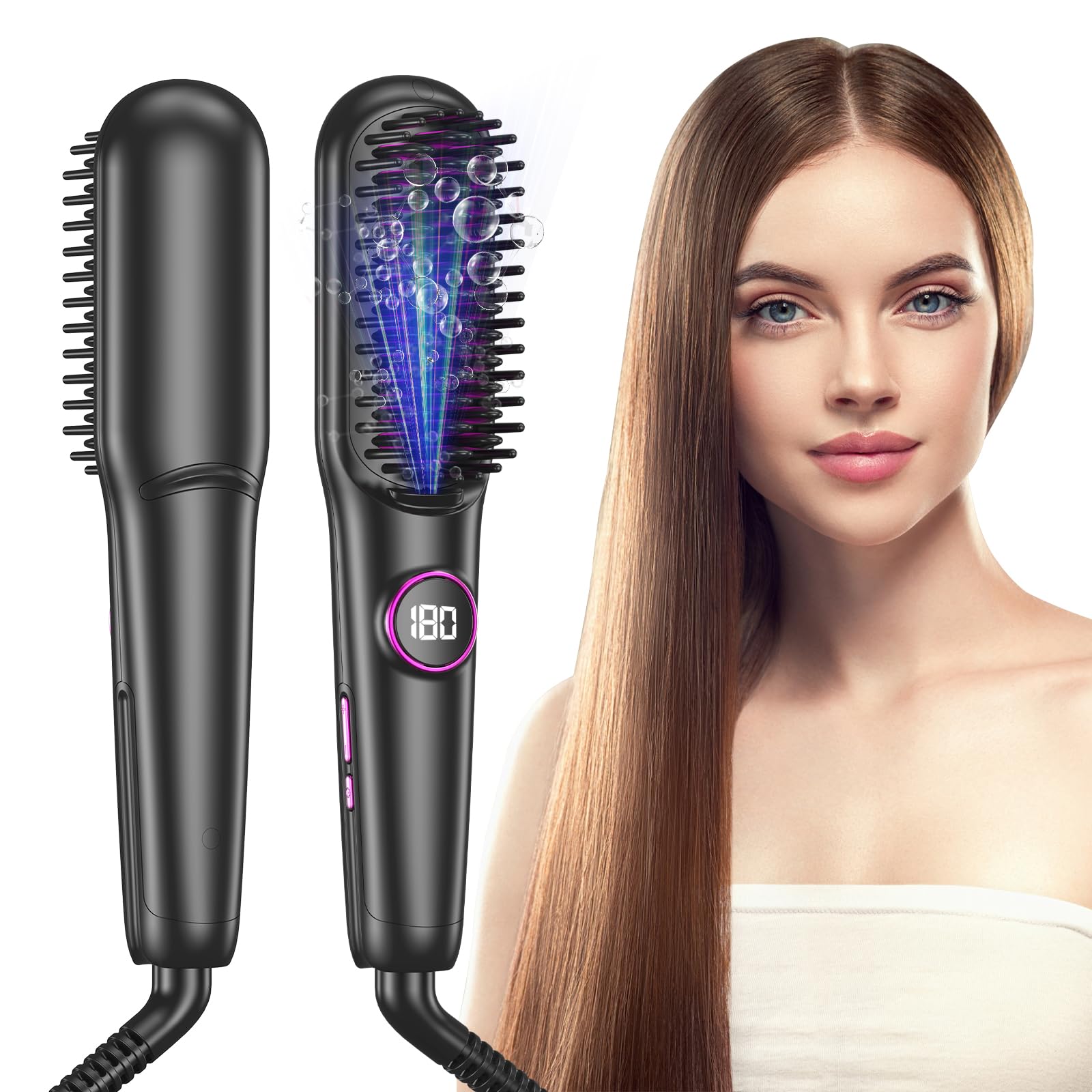 Glättbürste Keramik, Professioneller Glätteisen & Haarbürste, Haarglätter Bürste 9 Temperaturen, Ionen Haarglätterbürste, Schnelles Aufheizen, 140-220℃, LCD-Display, Anti-Verbrühungs