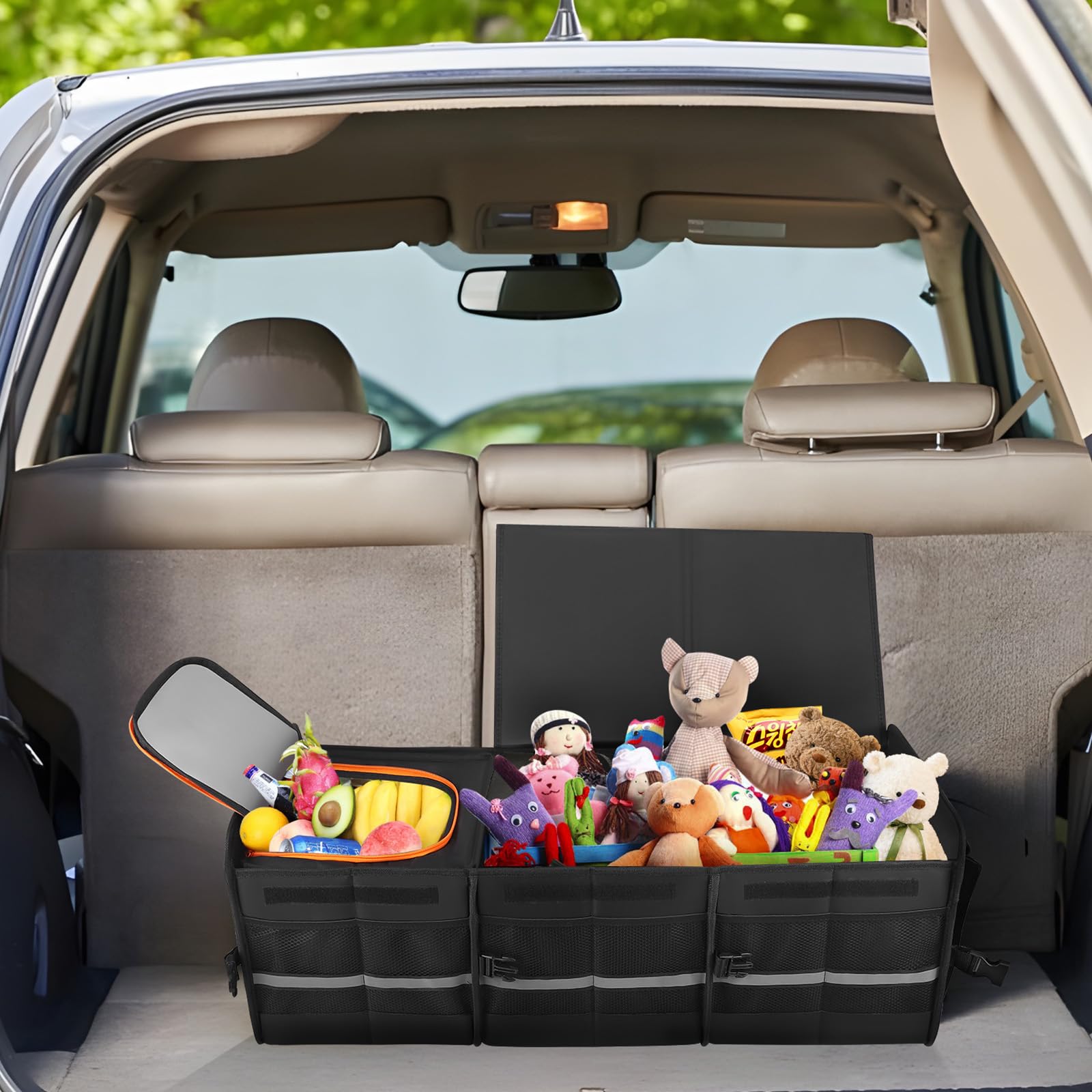 105L Organizador de Maletero Coche y SUV - con Bolsa Refrigerante Organizador de Coche para Almacenamiento - Caja Plegable con 2 Compartimentos Estándar - Base Antideslizante -Tapa Extraíble