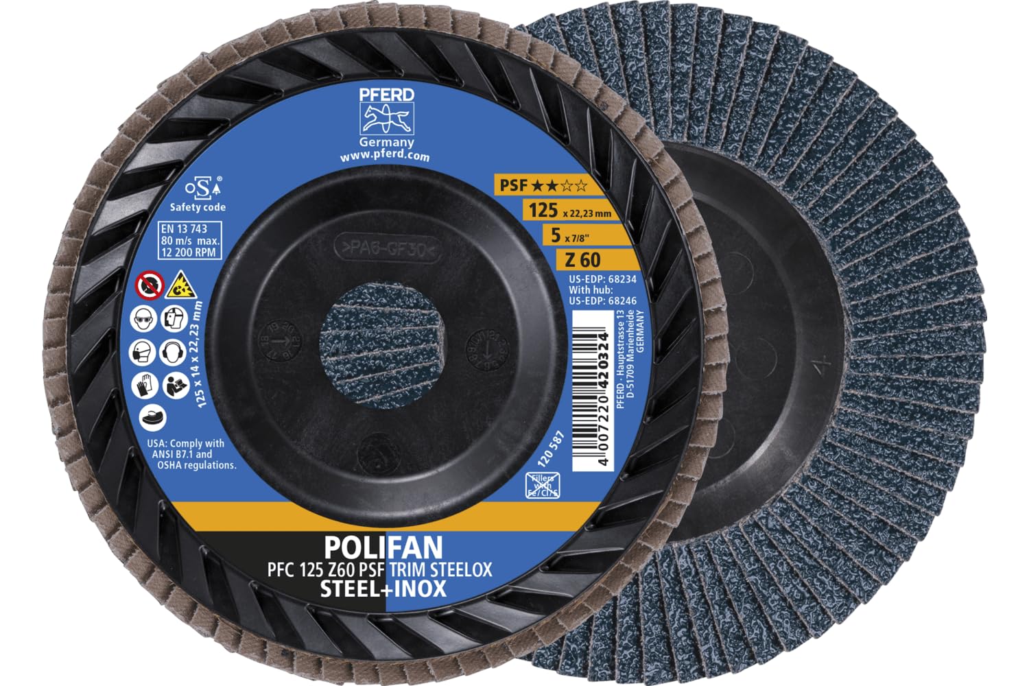 PFERD Polifan - Disco de corte para amoladora angular (125 mm, corindón de circonio Z60, PSF TRIM STEELOX para acero y acero inoxidable (INOX), forma PFC/B/T29, diámetro de 22,23 mm, diámetro de 22,23