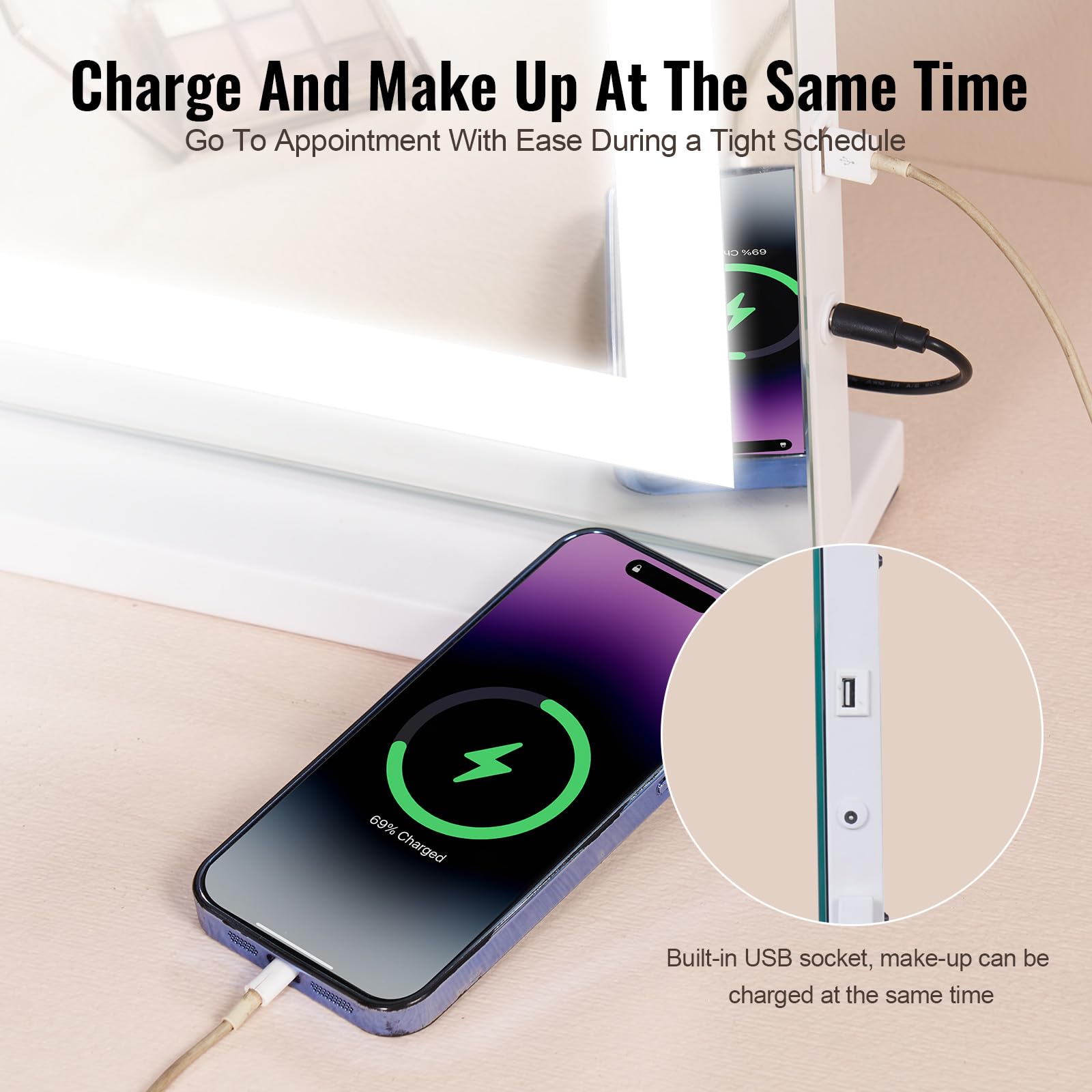 VEVOR Specchio per Trucco con Lampadine LED Porta USB Specchio per Trucco 3 Modalità di Illuminazione a Colori con Specchio Ingranditore 5X Rimovibile Controllo a Tocco Rotazione a 360° 797x547mm
