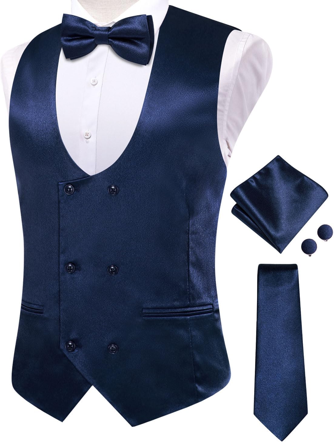 Hi-Tie Mens Navy Suit Vest for Men Silk Double Breasted Formal Suit Vest Pretied Bow Tie Necktie Handkerchief Cufflinks 5PCS Wedding or Business Tuxedo - Image 3
