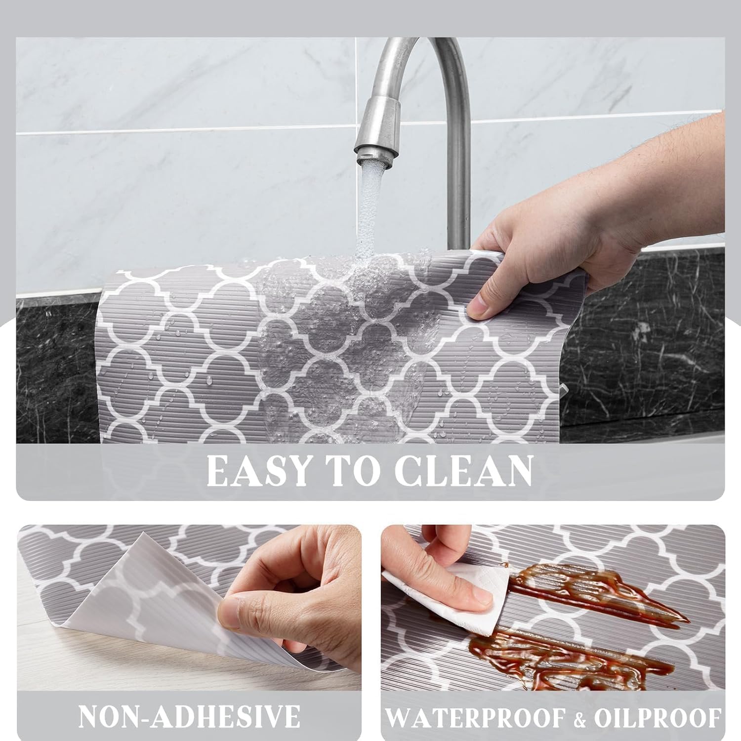 Non Adhesive Drawer Liner Mat Roll for Kitchen Shelves & Cabinets, Anti Slip Shelf Liner Sheet, Washable Waterproof Liner with Pattern Design (3 Meter) (Grey) 4