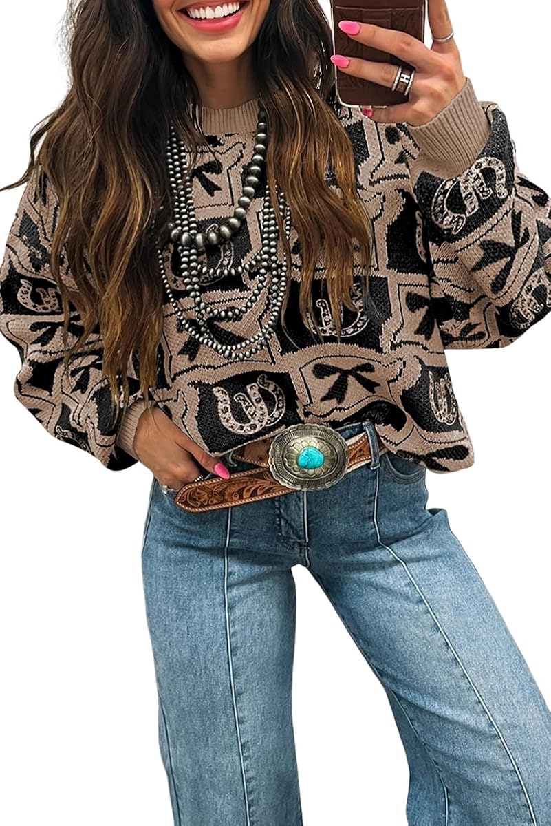 Womens Western Pullover Sweaters Knit Long Sleeve Crew Neck Boho Drop Shoulder Bows & Horseshoes 2026 Fall Tops