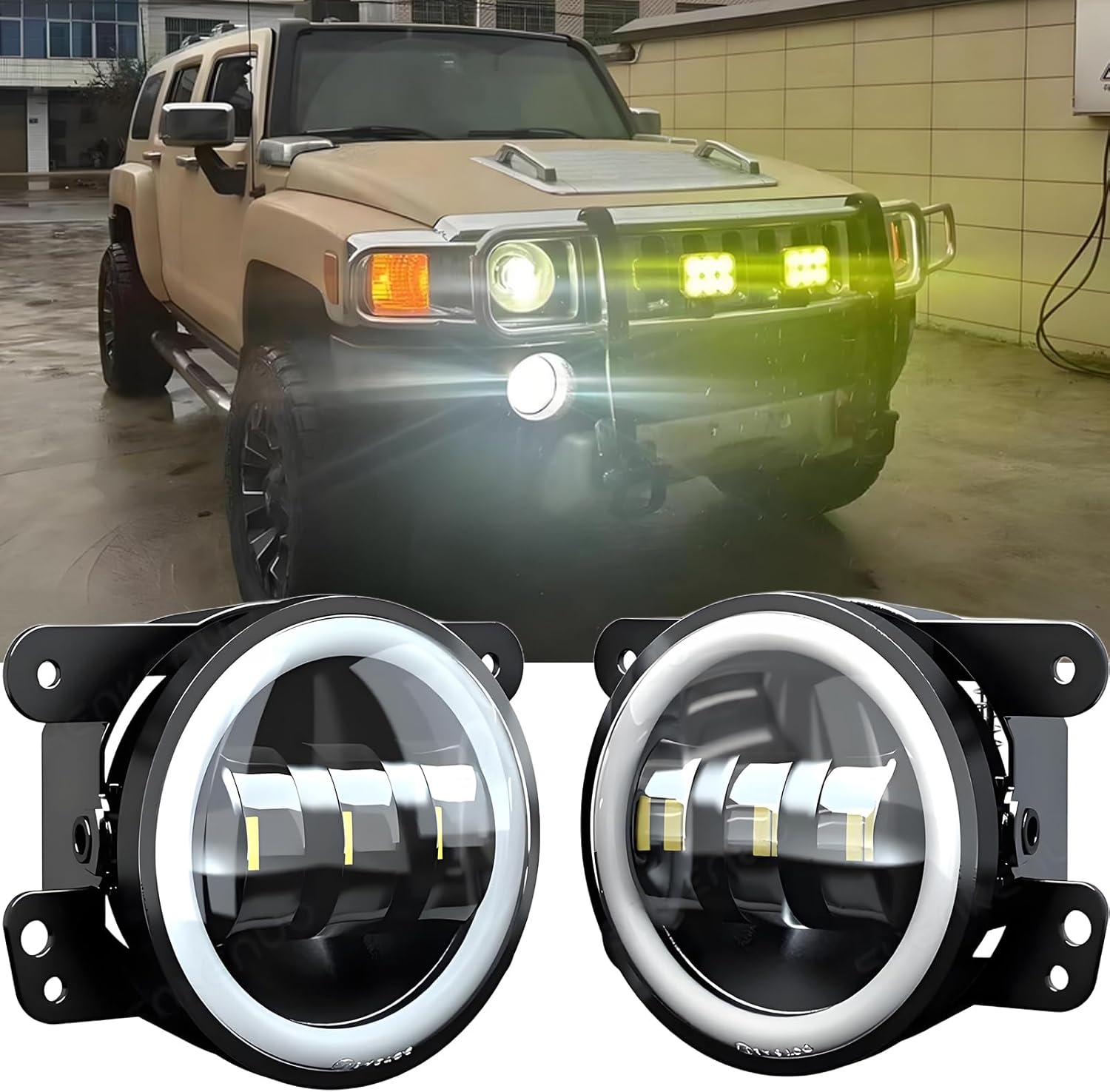Fog Lights Assembly Kit for Hummer H3 H3T 2005-2010 Driving Lamp Aluminum Housing Black White Halo Ring,Yellow Wire: Amber Turn Light 2pcs