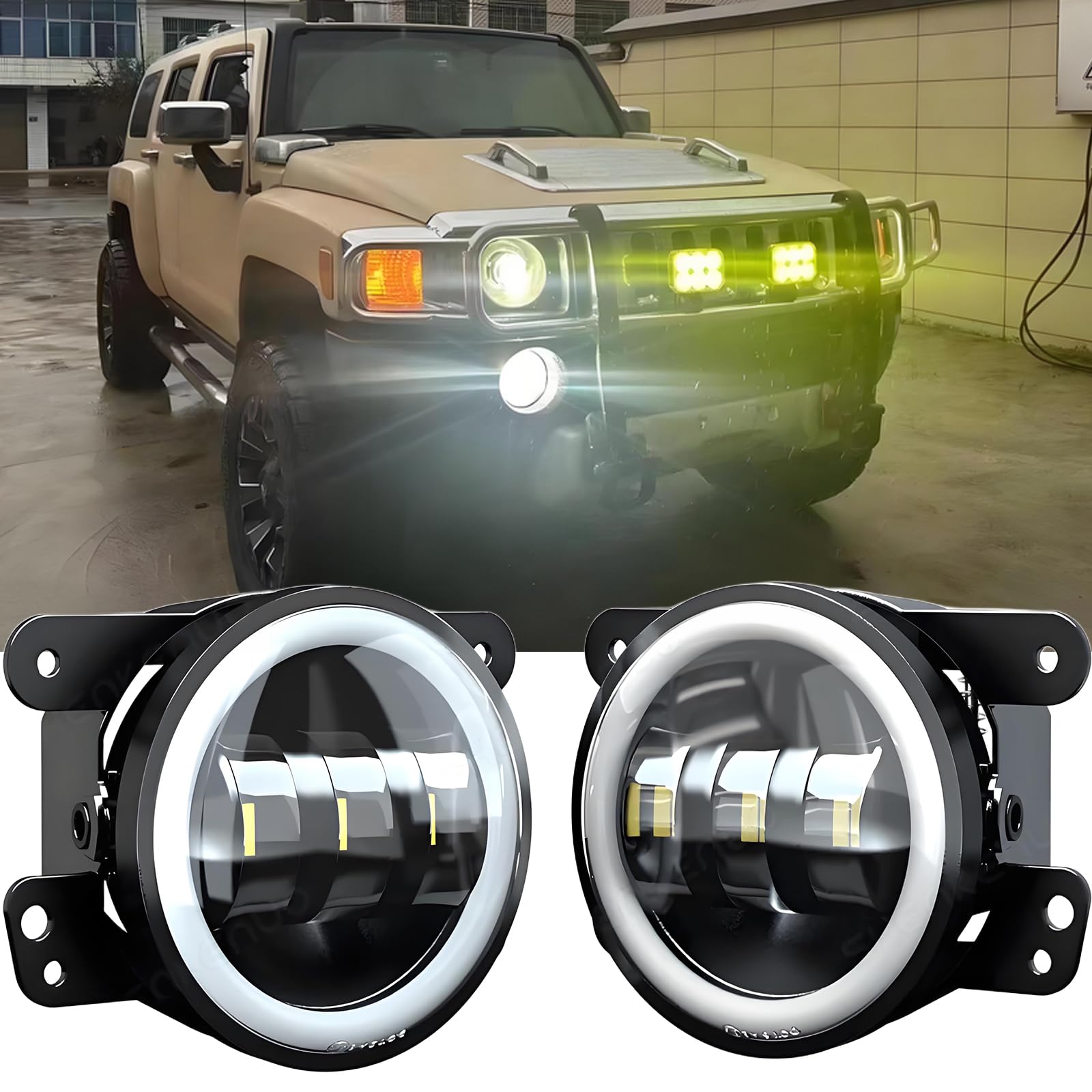 HMCYCI Fog Lights Assembly Kit for Hummer H3 H3T 2005-2010 Front Bumper Driving Lamp Aluminum Housing Black 3000K Amber/6000K White Halo Ring,Yellow Wire: Amber Turn Light,White Wire: White DRL 2pcs