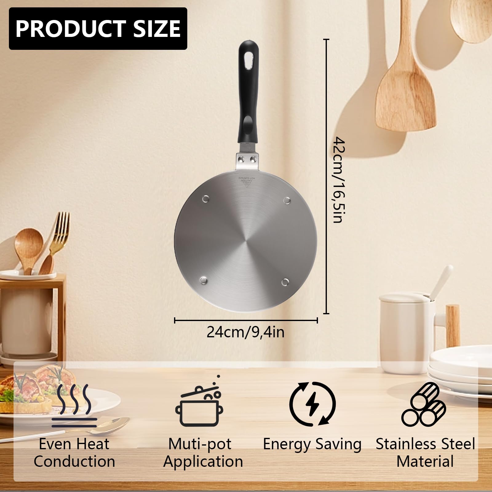 APACALI 1 sztuka płyta indukcyjna 24 cm, indukcyjny adapter do kuchenki ze zdejmowanym uchwytem, z stali nierdzewnej