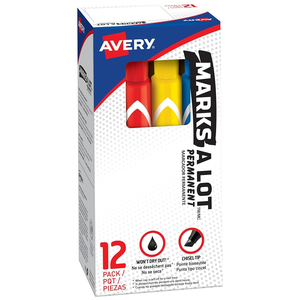Avery Marks A Lot Permanent Markers, Chisel Tip, 12 Assorted Markers