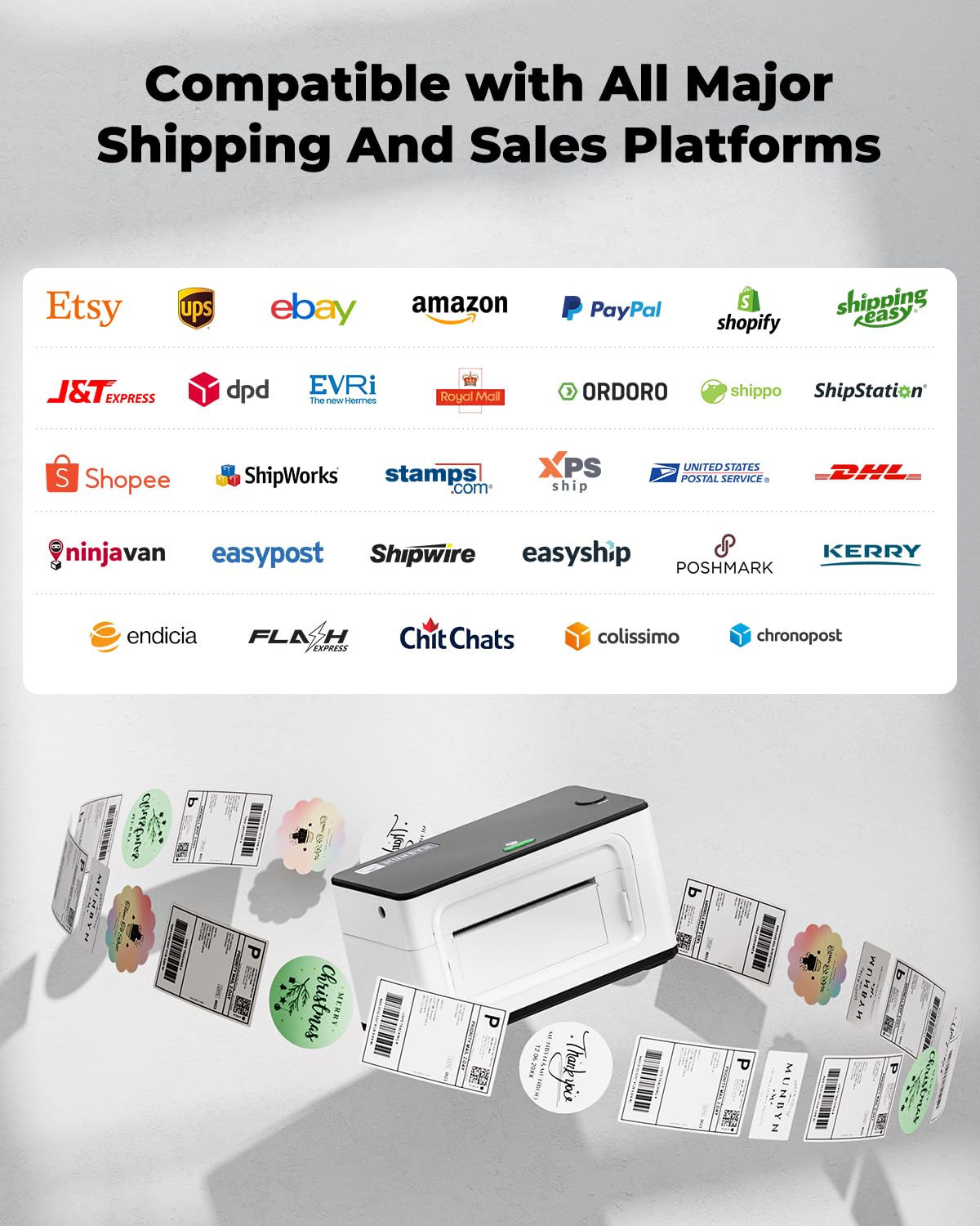 MUNBYN 300DPI Bluetooth Stampante Etichette Spedizione 4x6 per Spedizioni Affrancature Indirizzi uso domestico e piccole imprese, Compatibile con Etsy/Shopify/Amazon/FedEx/UPS, 941BP, Bianco