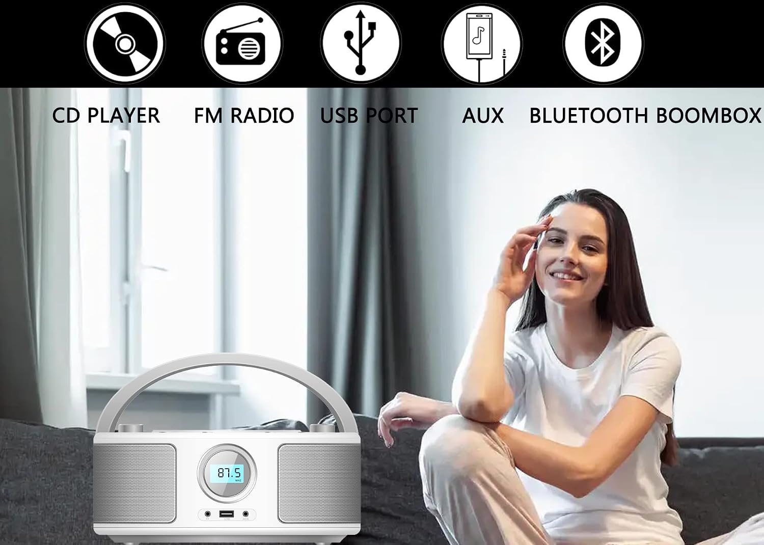 Portable CD Player Bluetooth Boombox with FM Radio, USB, Aux and Headphone Jack, CD-R/RW and MP3 CDs Compatible, AC/Battery Operated