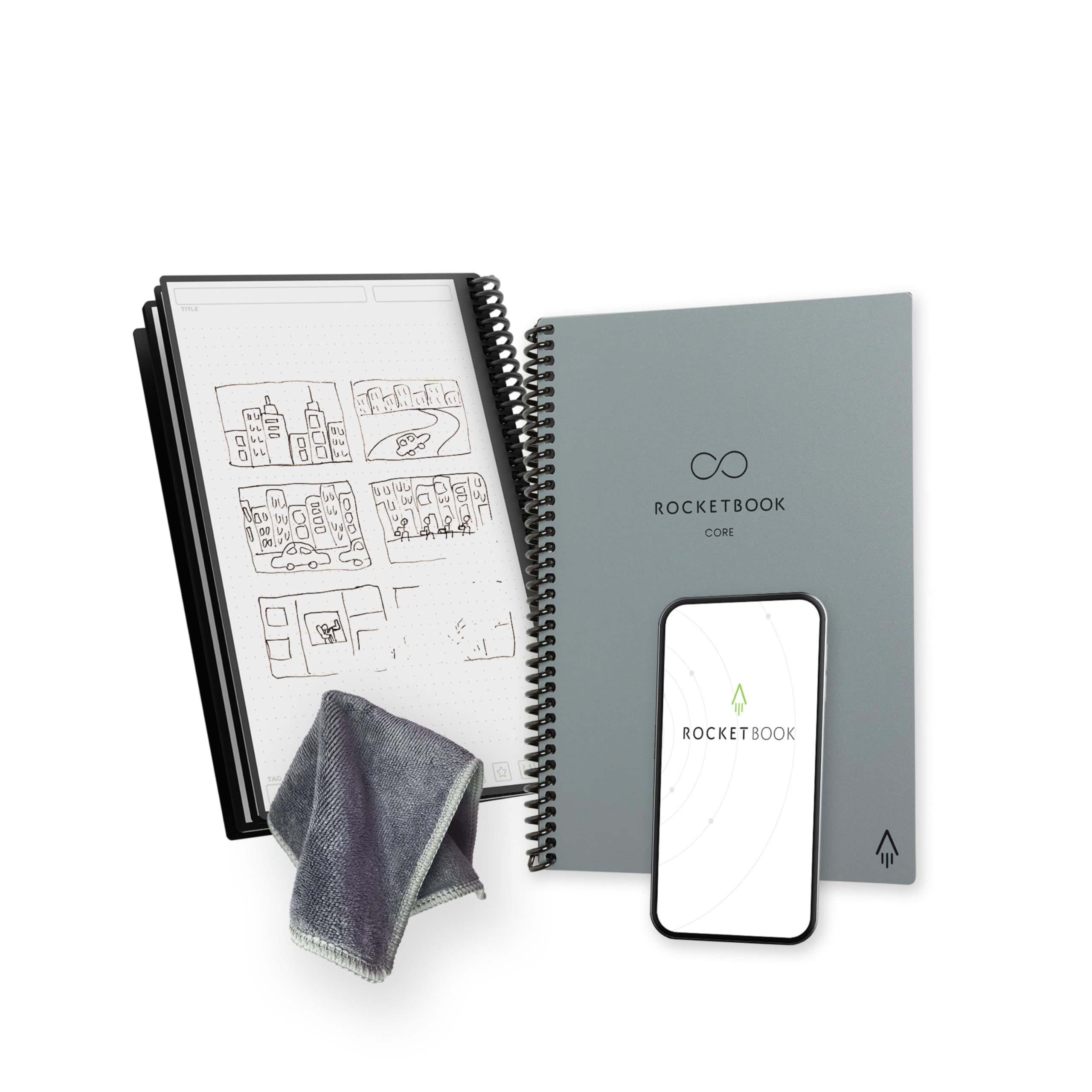 Rocketbook Core Reusable Spiral Notebook, Executive Size 15 cm x 22.4 cm, Grey, Dotted Pages, App-Connected, Erasable