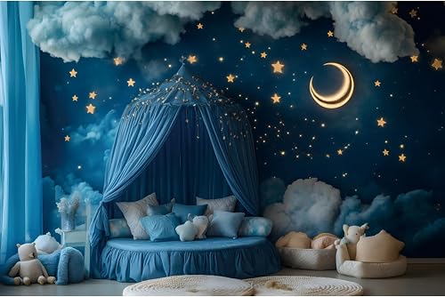 YongFoto Moon Stars Sky Clouds Backdrop 8x6ft Blue Princess Bedroom Background F