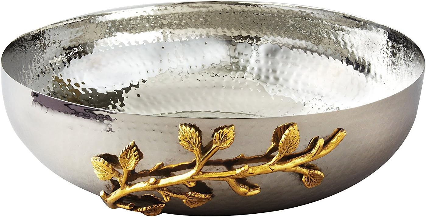 Elegance Golden Vine Hammered, 12-Inch, Silver/Gold Stainless Steel ,Salad Bowl
