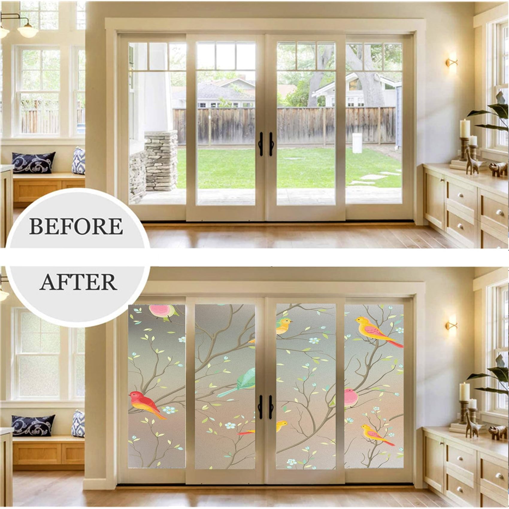 para Cristales Vinilo Adhesivo 110 x 325 cm, Ventana Fácilmente Decorativo Reutilizar, Adherencia Decorativos, Decorativo Película para Ventana, para Dormitorio Oficinas, Flores Y Pájaros