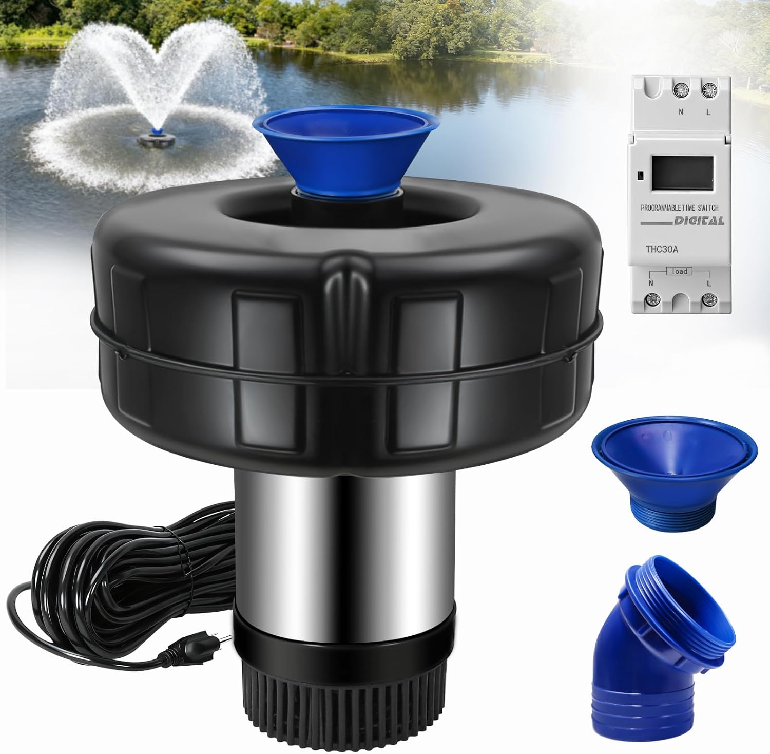 15000 GPH Pond Fountain Aerator - 750W (1HP), Fully Automatic 110V Floating Fountain with 100-foot Power Cord. Stainless Steel Floating Pond Fountain Pump for Large and Small Outdoor Ponds and Lakes.