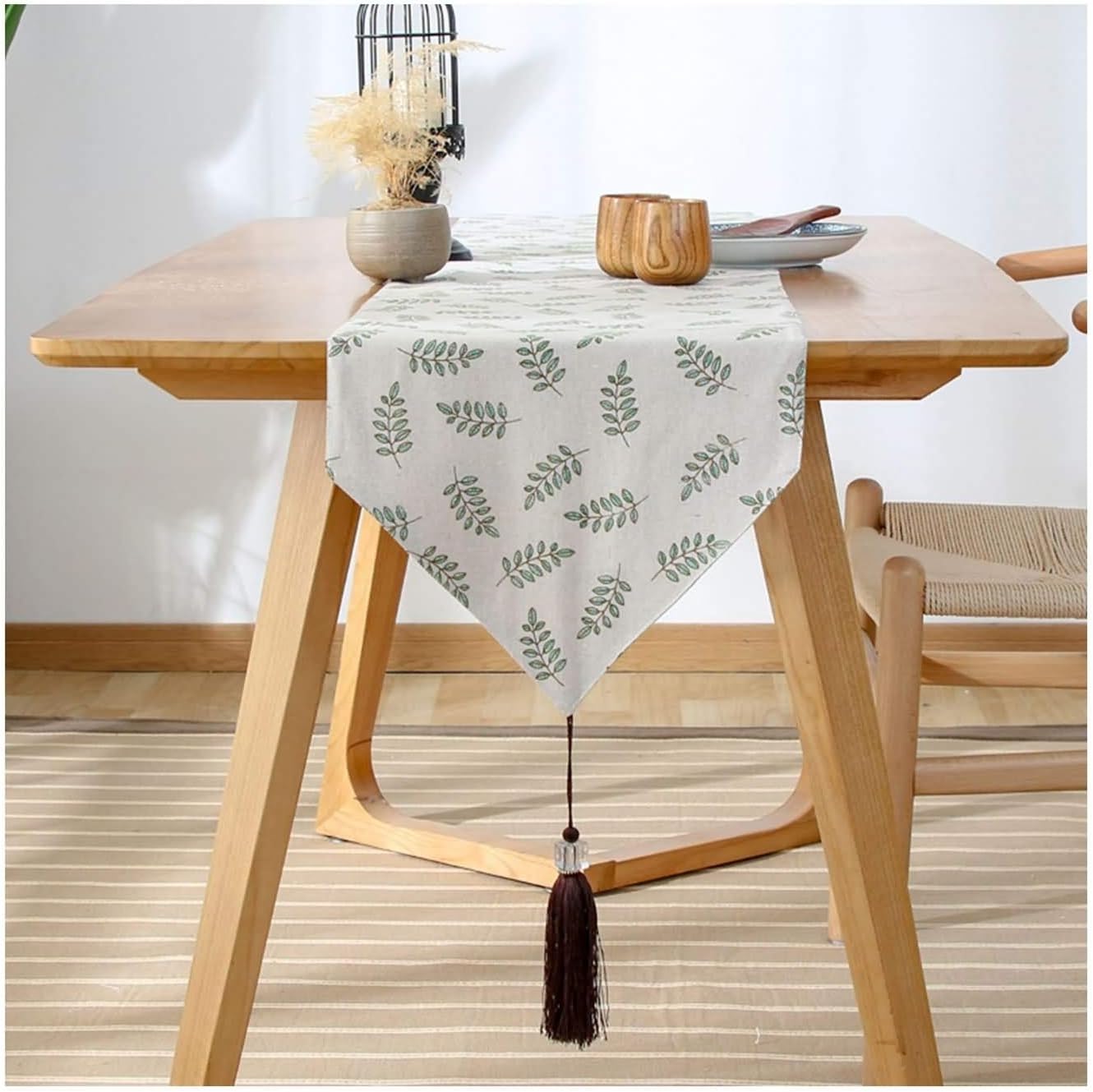 Table Runners Modern,33x220CM,Leaves with Tassel Rectangle Table Runner Cotton,Festive Table Runner Green