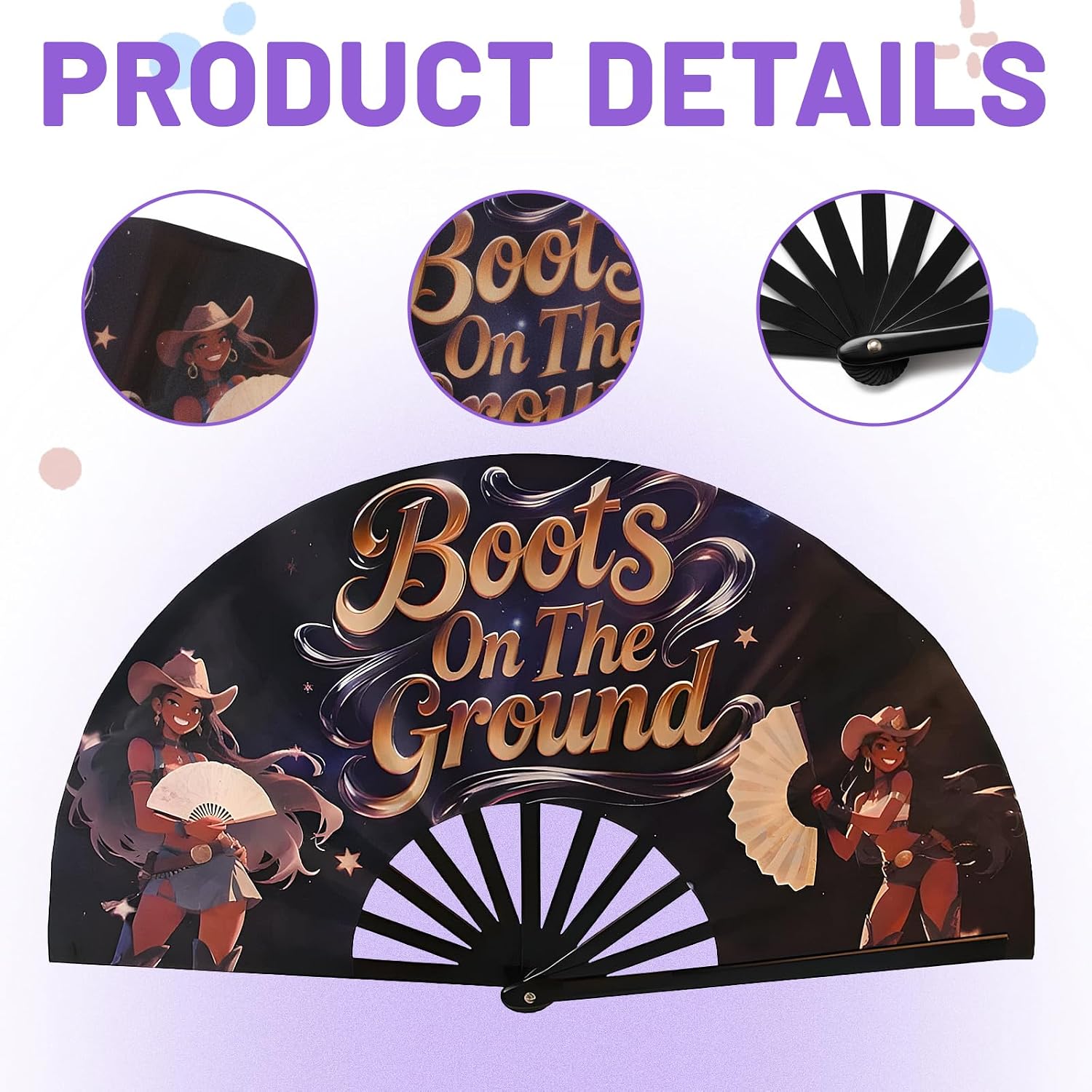 Boots on the Ground Fan, Dance Performance Enhancement Tool, Western Style Hand Fan for Parties and Festivals, Large Folding Fan with Popping Sound, Denim Bone Structure Design image 3