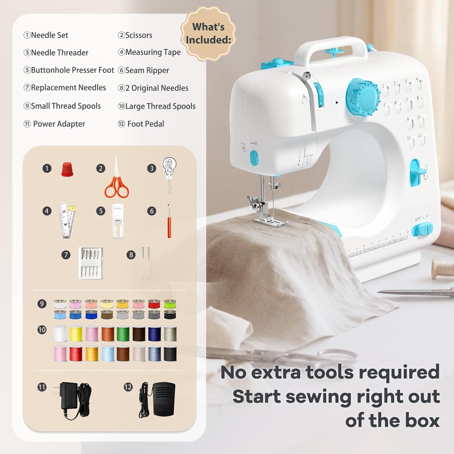 Portable Tabletop Beginner Mini Sewing Machine for Home Use, Compact and Easy-to-Use Sewing Machine for Quick Repairs, DIY Crafts and Alterations, Giftable Sewing Machine for Beginners (Blue)