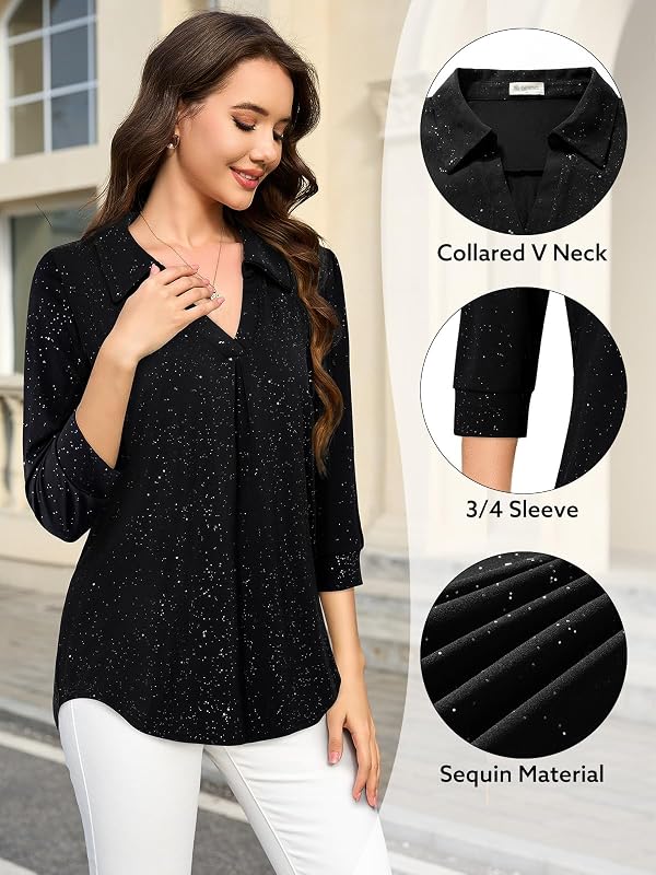 Bulotus 3/4 Length Sleeve Womens Tops Dressy Casual V Neck Collared Blouses Work Office Tunics 2026 Spring Summer A-black Sequins M by Bulotus - Used condition - Image 5