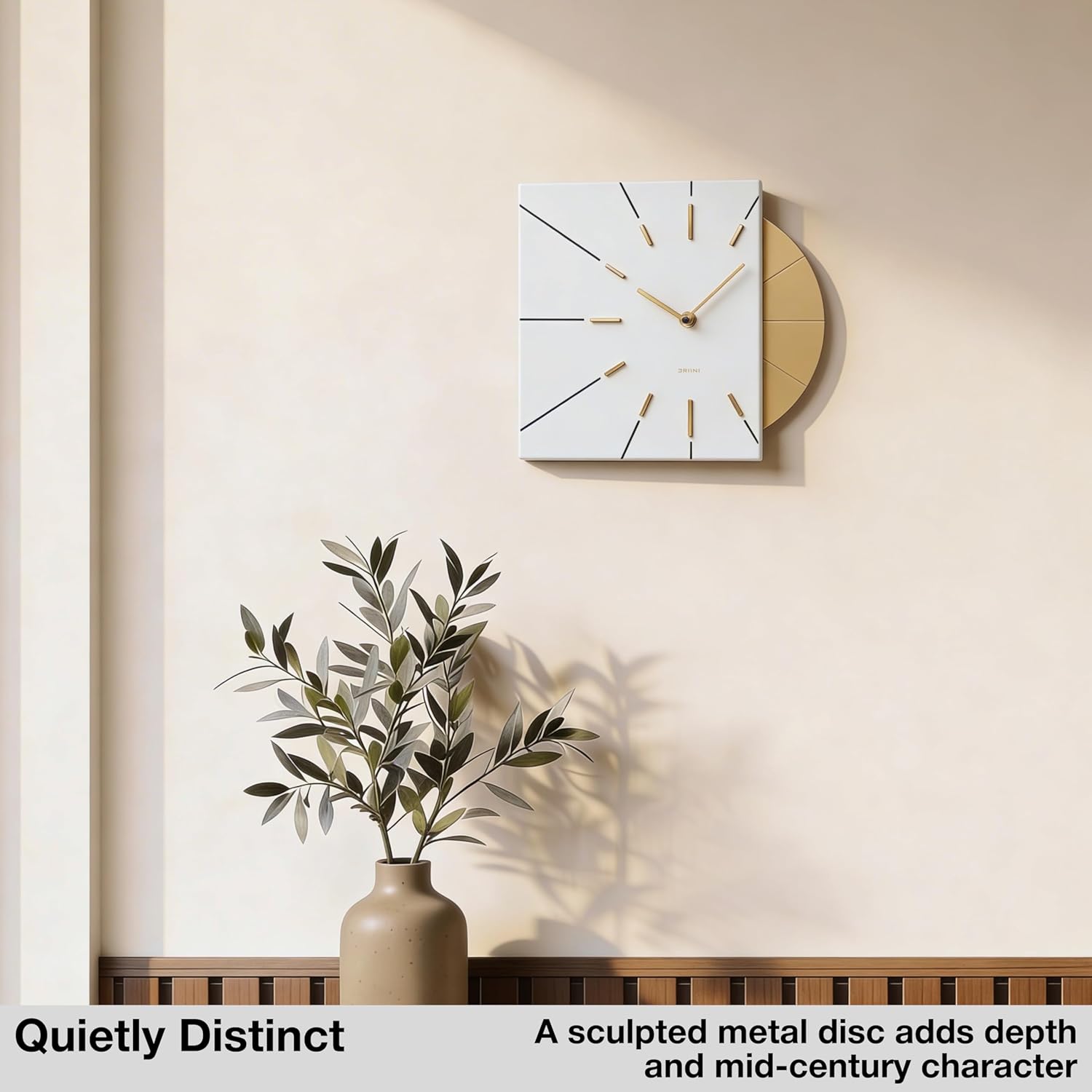 Driini Clocks Mid Century Modern Wall Clock - Square White Clock with Decorative Gold Accent- Unique and Cool Clock, Battery Operated - MCM Decor & Decorative Wall Clock for Mid Century Modern Decor.
