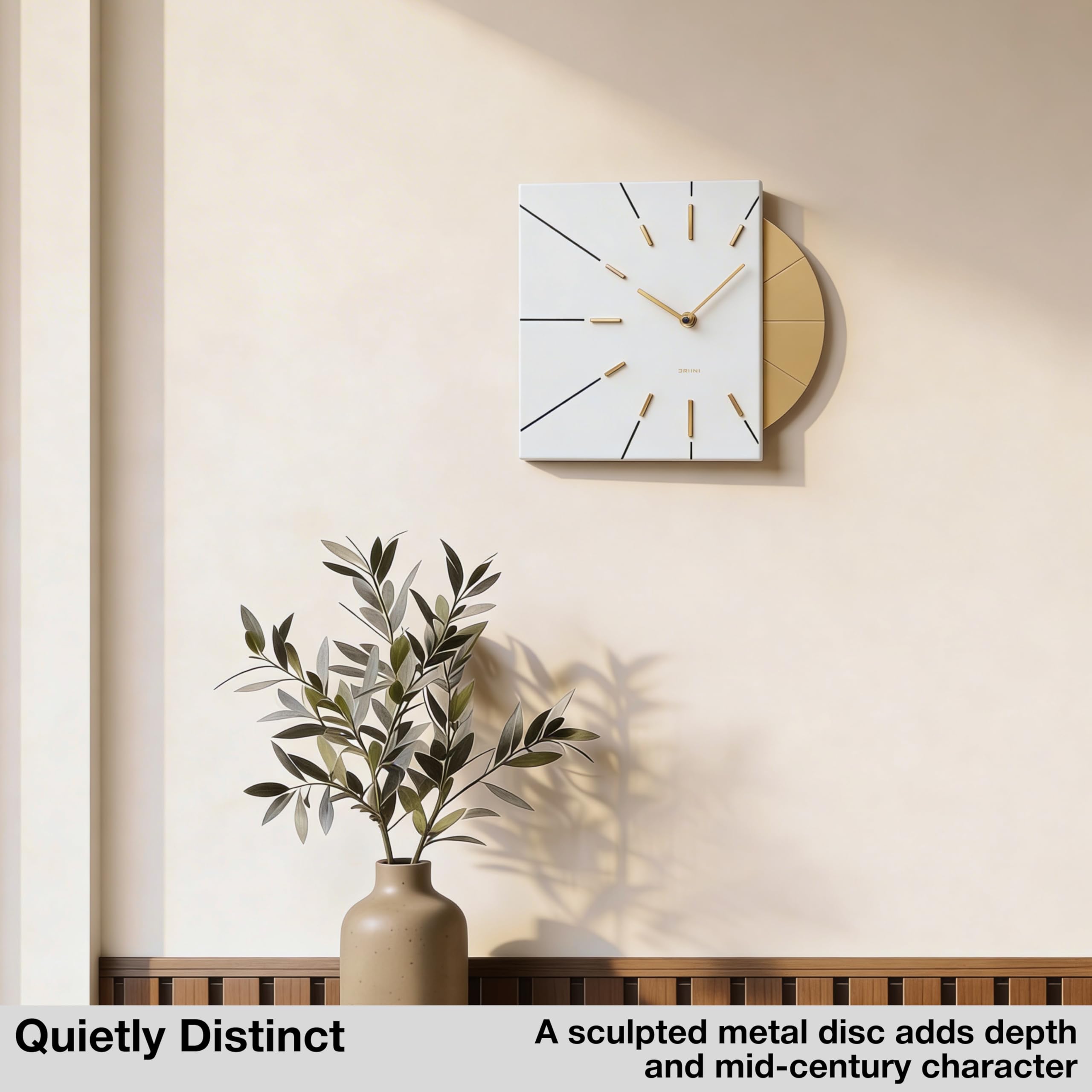 Driini Reloj analógico Cuadrado de Madera de Mediados del Siglo Moderno - Barrido silencioso - Marco de Madera Maciza (Blanco)