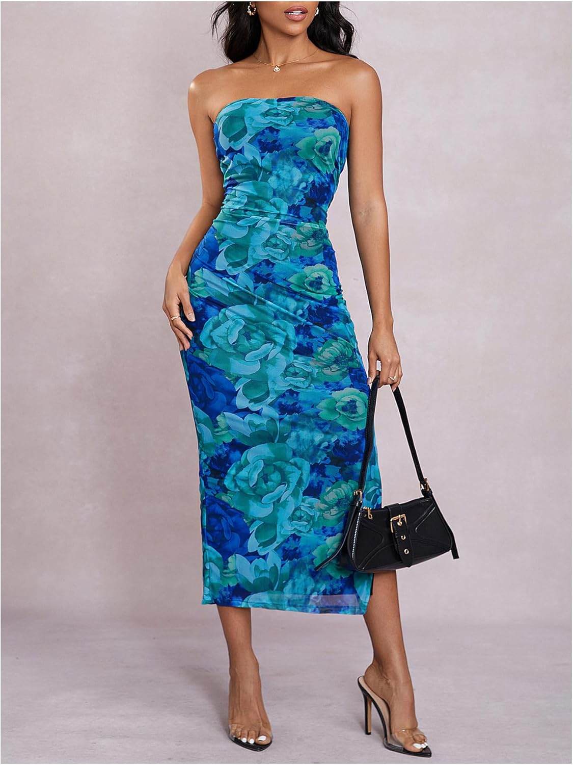 Milumia Women's Floral Mesh Strapless Tube Top Long Dress with Slit Wedding Guest Party Bodycon Maxi Dress - Image 5