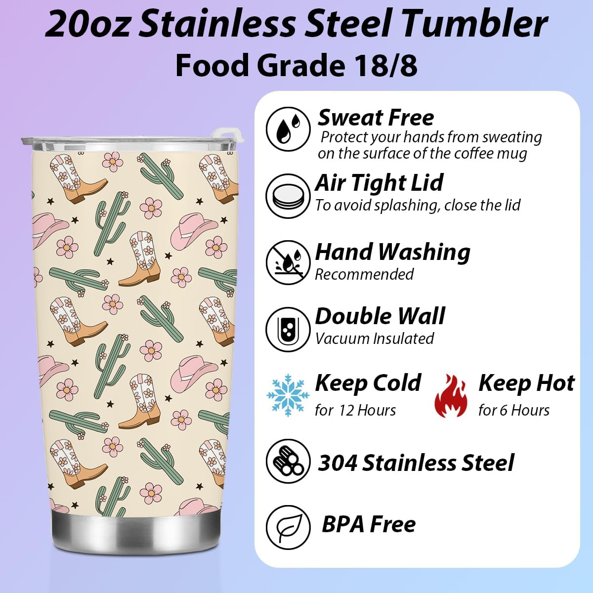 Western Tumbler, 20 oz Tumblers Insulated Coffee Mug With Lid, Stainless Steel Thermal Cup, Vacuum Water Bottle Travel Mug, Drinking Cups, Gifts for Women Men Girls Sisters Birthday Christmas - Image 3
