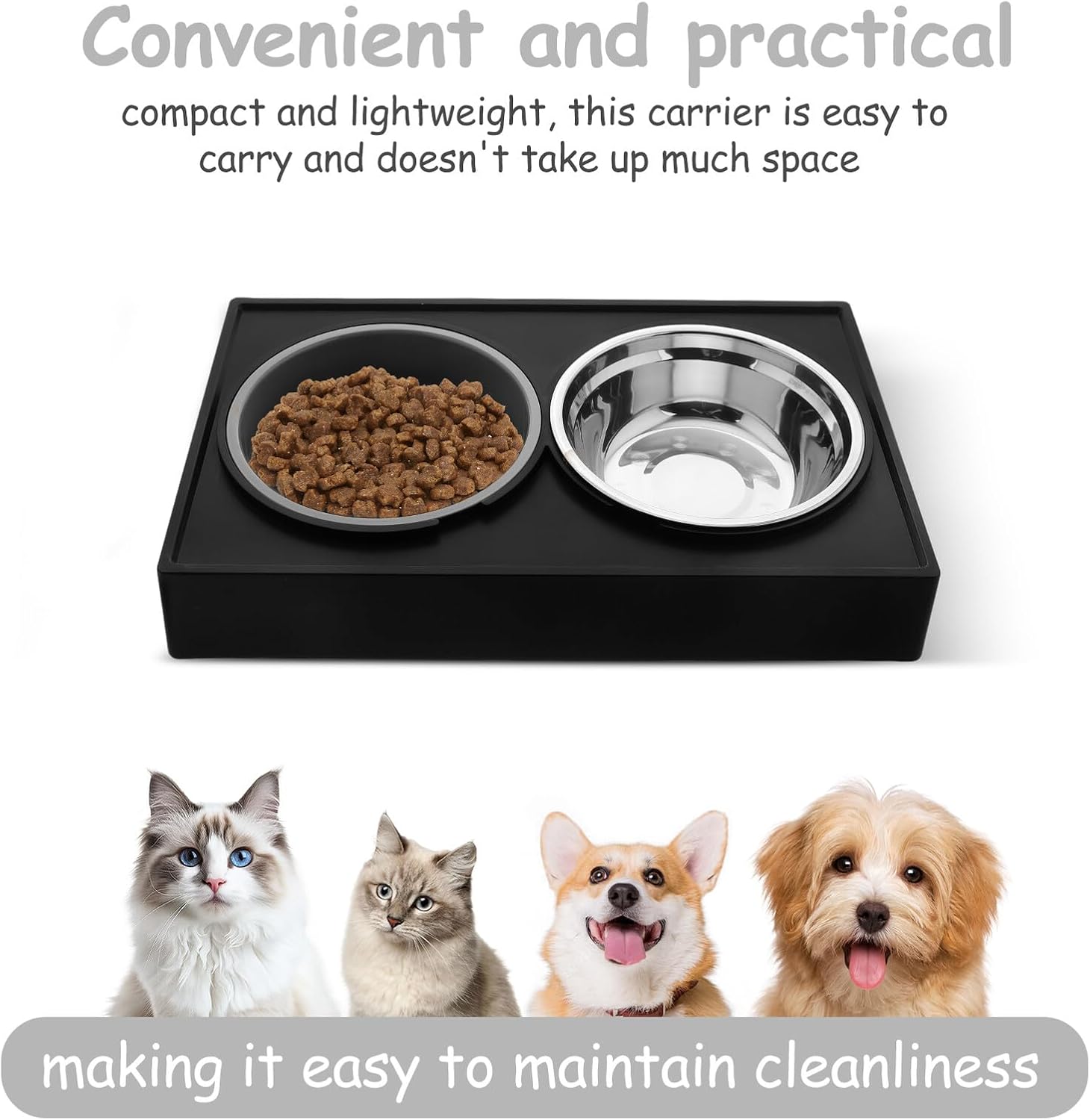 Artibetter Elevated Stainless Steel Cat and Dog Bowl Set with Slow Feeder Function, Raised Double Bowls for Food and Water, Suitable for Small Dogs and Kittens, for Home and Travel Use