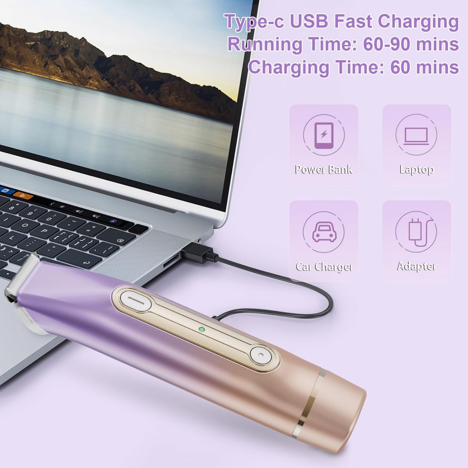 Bikini Trimmer for Women, 2-in-1 Electric Razor for Women, IPX6 Waterproof Wet & Dry Dermave Bikini Shaver, Rechargeable Pubic Hair Trimmer, Electric Shaver for Legs Body Face Hair - Image 5