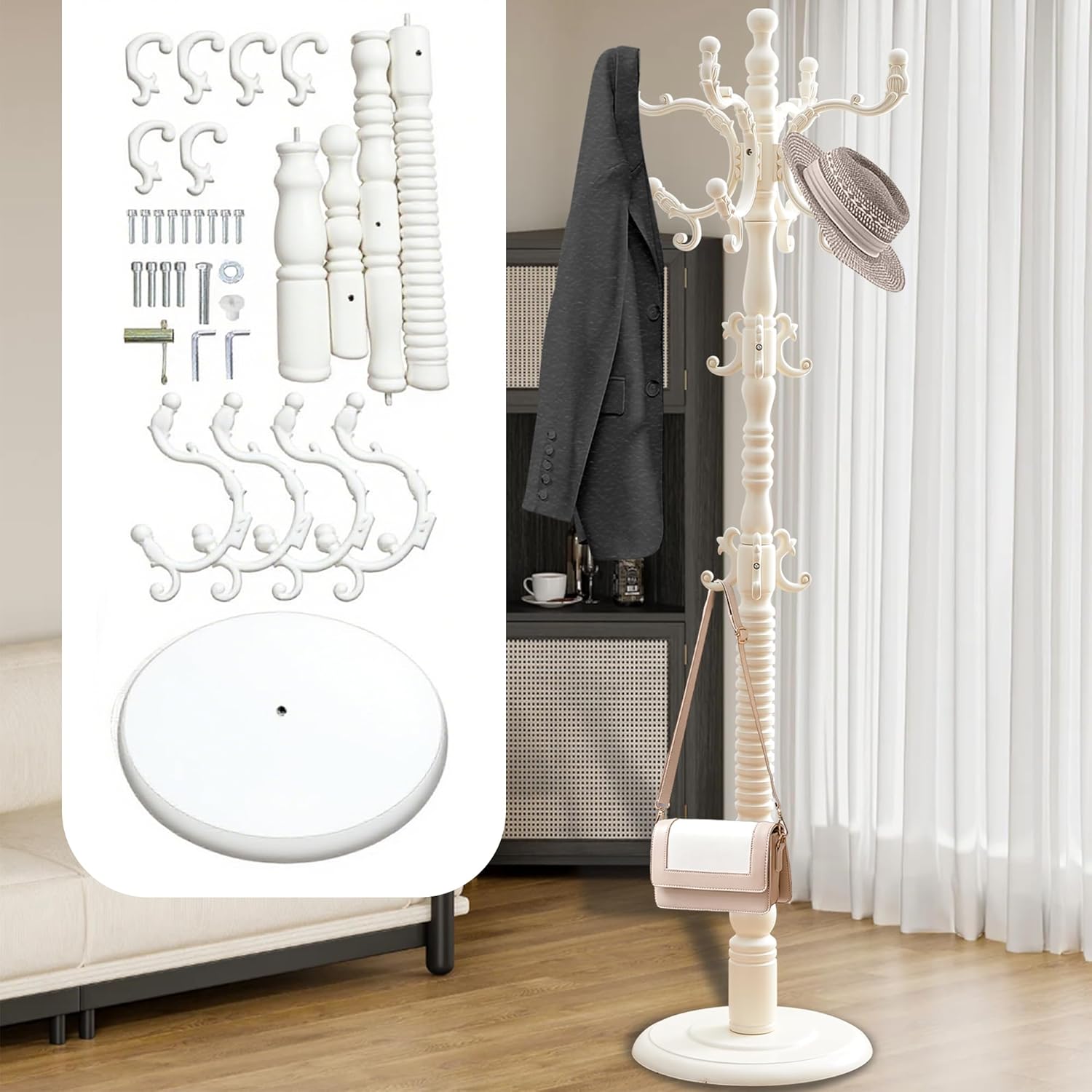 Wooden Coat Rack Free standing 18 Hooks, Vintage Coat Rack Stand for Entryway, Adjustable Height 73", Heavy Duty Coat Tree with Solid Round Base for Home Bedroom, Office (vintage White)