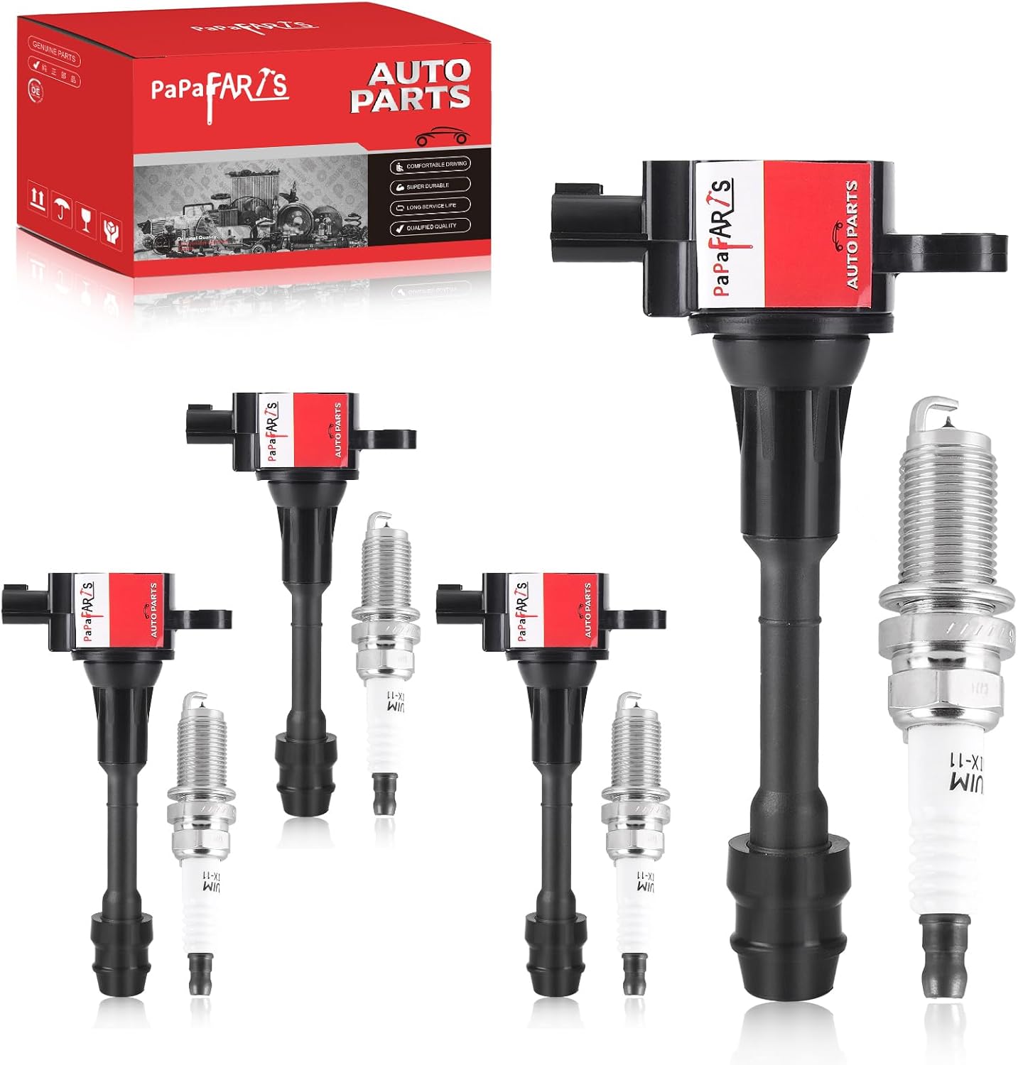 PAPAPARTS UF350 Ignition Coil Pack and Iridium Spark Plugs Compatible with Nissan Altima 2002-2006, for Sentra 2002 2003 2004 2005 2006 2.5L Set of 4 Replaces# 22448-8H310 224488H315