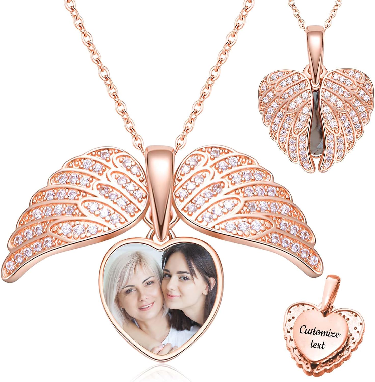 Personalized Angel Wing Necklace Sterling Silver Custom Photo Locket Necklace for Women Picture Pendant Memorial Necklace With Picture for Her Gift for Mom, Wife in Memory of Loved One