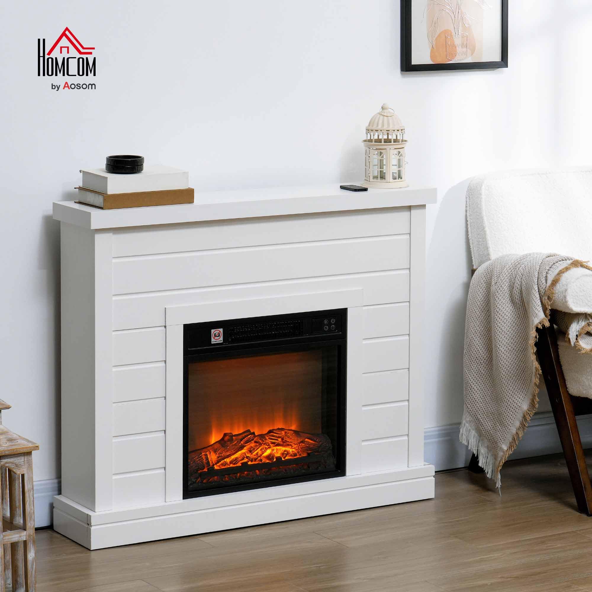 HOMCOM Chimenea Eléctrica, Chimenea Decorativa con Efecto de Llama, Calefacción 1800 W, Control Remoto, Temporizador Semanal, Protección contra Sobrecalentamiento, Blanco