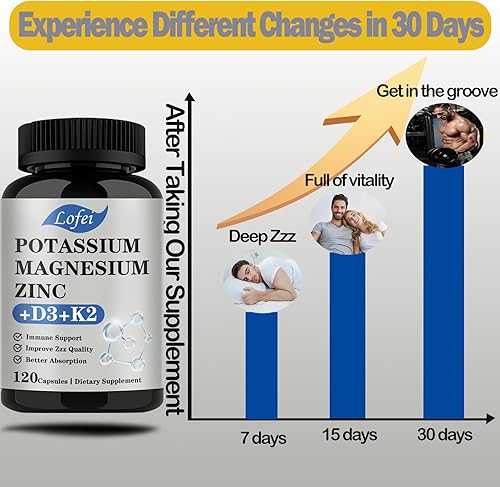 Miniatura 3 de Suplemento de potasio y magnesio, magnesio y potasio y zinc con vitamina D3 y K2, apoyo inmunológico para mujeres y hombres, absorción mejorada, sin