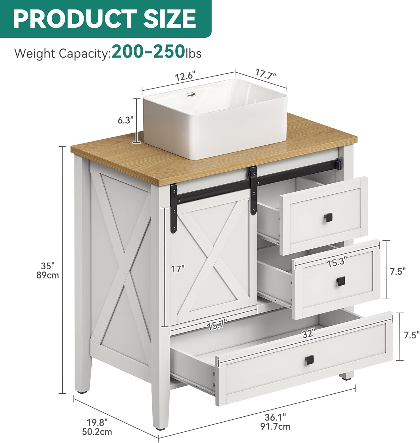 YITAHOME 36 Inch Bathroom Vanity with Ceramic Sink Basin, Sliding-Door Cabinet & 3 Drawers, Farmhouse Vanity for Bathroom/Apartment, Storage Cabinet, White