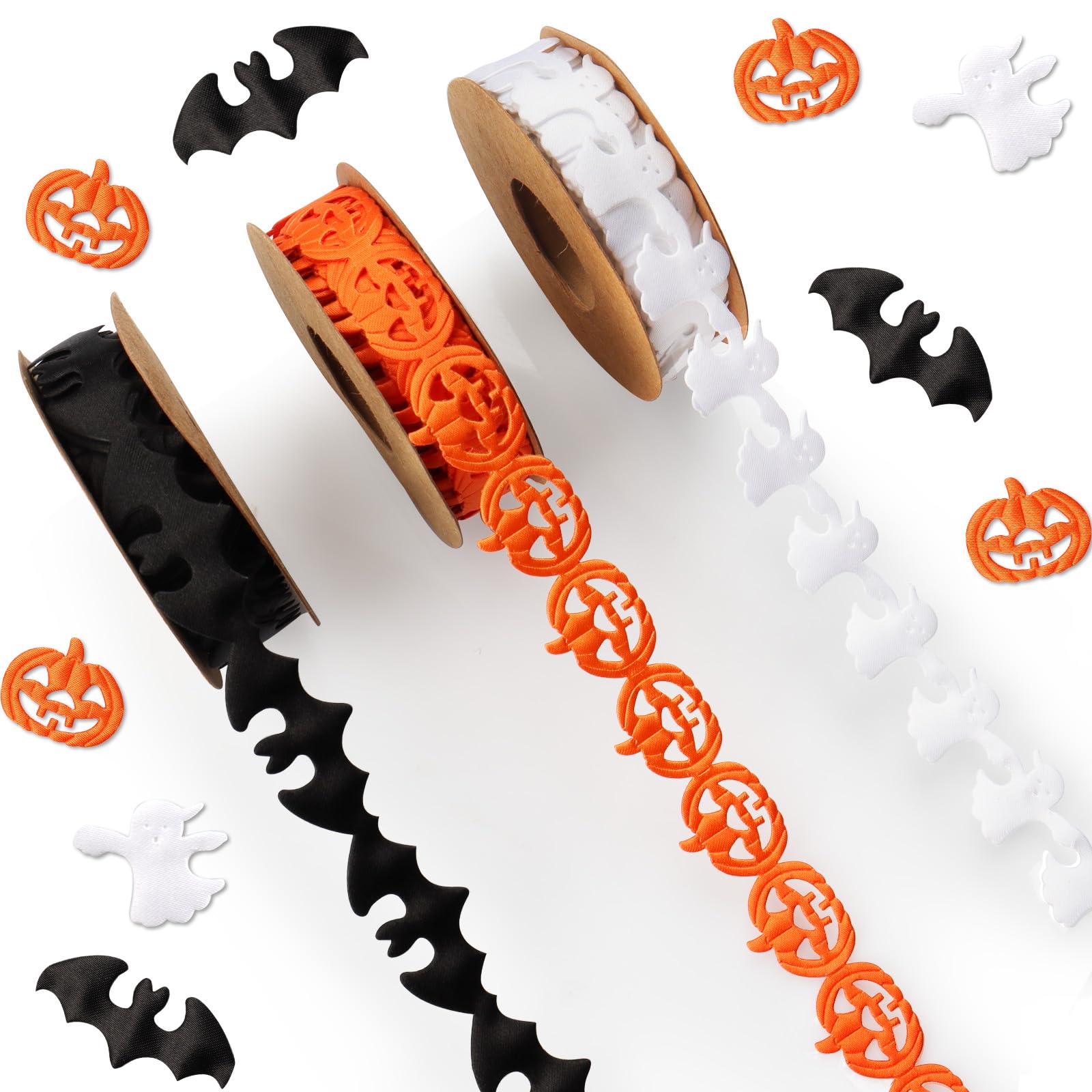Threetols3 Rolls 15 Yards Halloween Ribbons, Black White Orange Halloween Ribbons Pumpkin Bat Ghost Shape Craft Ribbons Trim Embellishment for Gift Wrapping Halloween Party Decoration