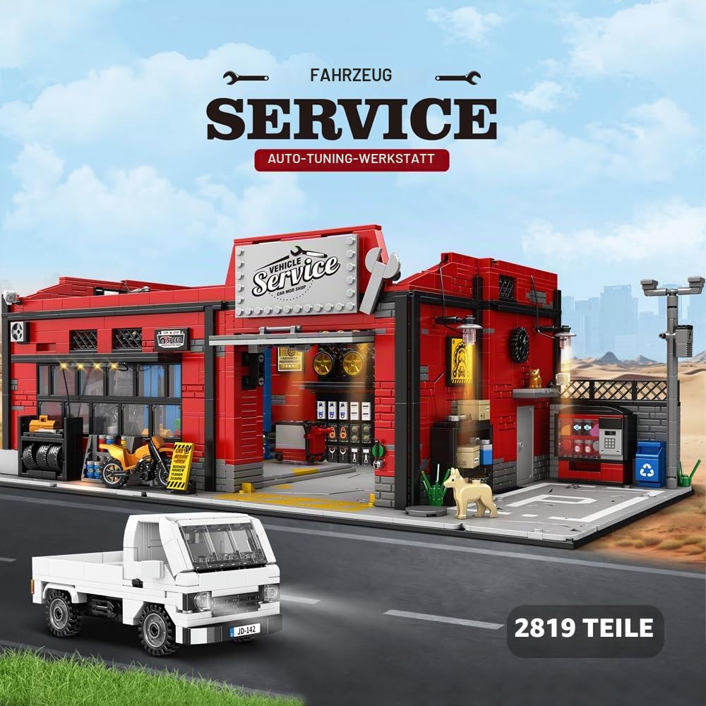 39148 American-Style Parkplatz Reparatur Shop Baustein Set mit Beleuchtung, 2819 Stück Shop Gebäude Modell Baustein Sets, Erwachsene Kreative Enthusiasten Modell Geschenke und Sammlerstücke