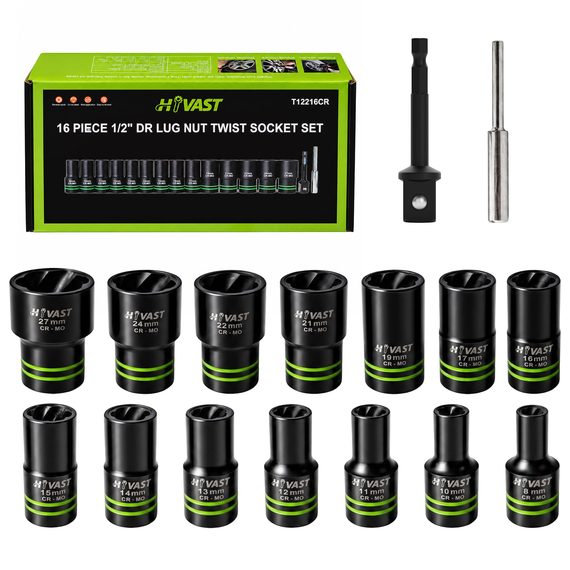 HYVAST 16PCS 1/2" Drive Lug Nut Removal Tool, CR-MO Steel
