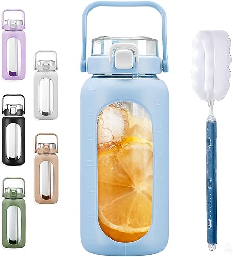 BLUEGO Botellas de agua de vidrio de 64 onzas con marcador de tiempo de pajilla, botella de agua motivacional grande de medio galĂłn con funda de BLUEGO Botellas de agua de vidrio de 64 onzas con marcador de tiempo de pajilla, botella de agua motivacional grande de medio galĂłn con funda de