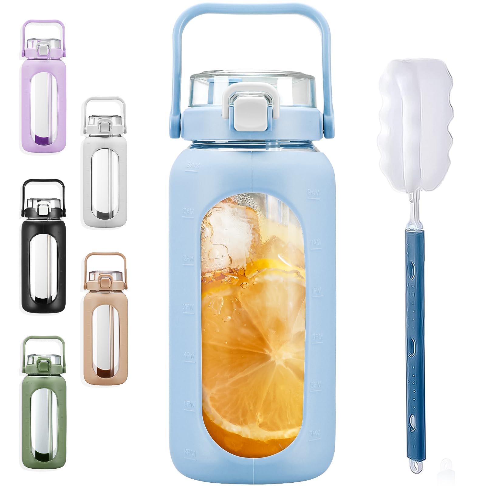BLUEGO 2000ml Glass Water Bottles with Straw Time Marker Half Gallon Large Motivational Water Bottle with Silicone Sleeve 2 Liter Large Glass Water Jug for Gym, Sports& Workout, Daily, Light Blue