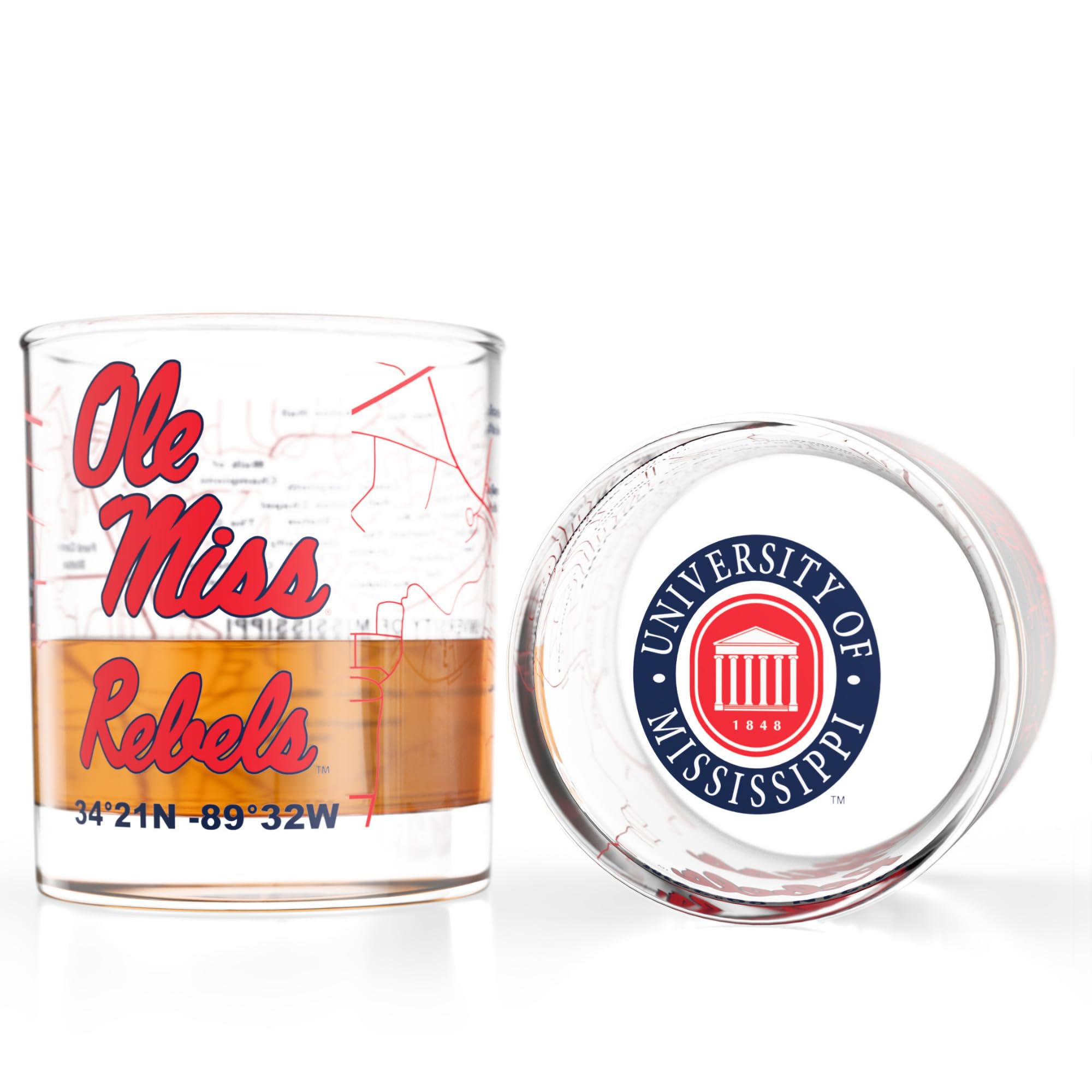 Greenline Goods University of Mississippi Rebels Ole Miss Whiskey Glasses Set of 2, 10 oz Rocks Glasses with Full-Color Logo &amp; Campus Map – Officially Licensed Bourbon Glass Gift for Alumni &amp; Fans