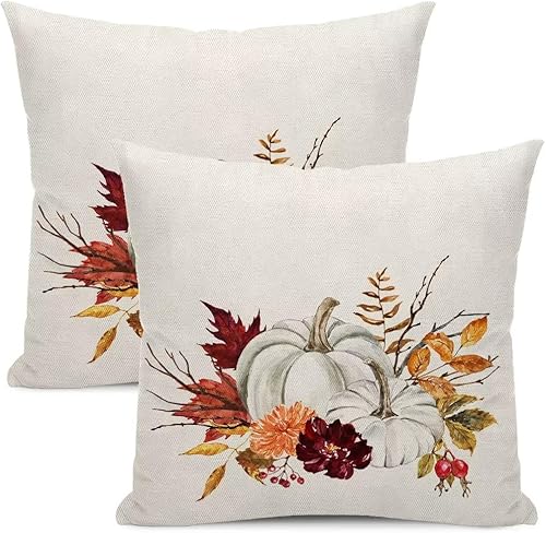 Juego de 2 fundas de almohada de otoño de 16 x 16 pulgadas, decoración de otoño, calabazas, hojas de arce, fundas de almohada decorativas de Acción