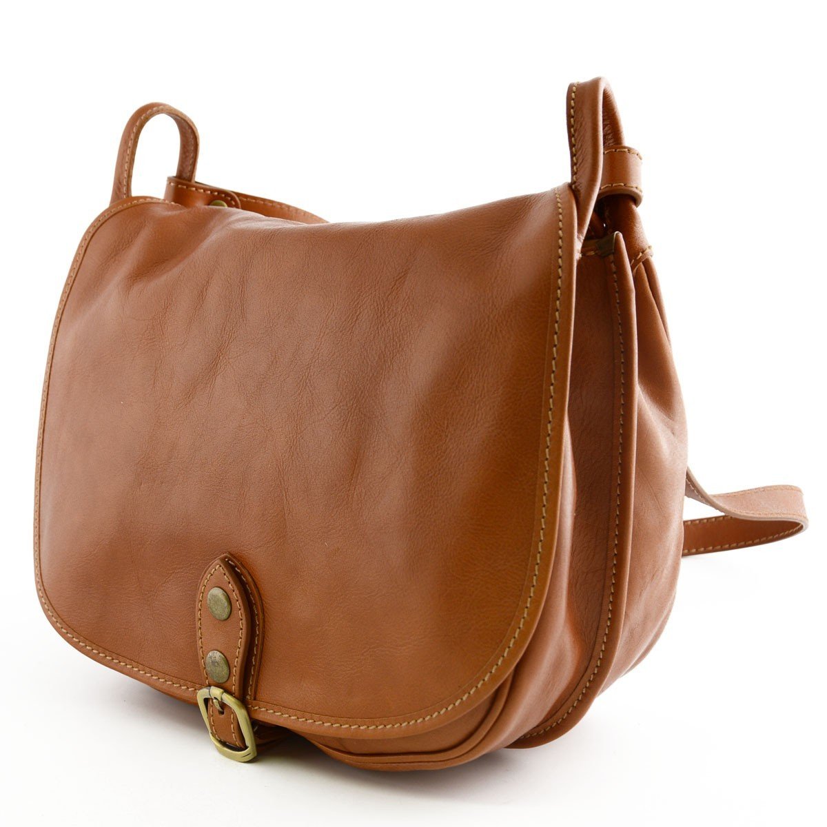 Bolso De Bandolera En Piel Para Mujer Color Cognac - Peleteria Echa En Italia - Bolso Mujer