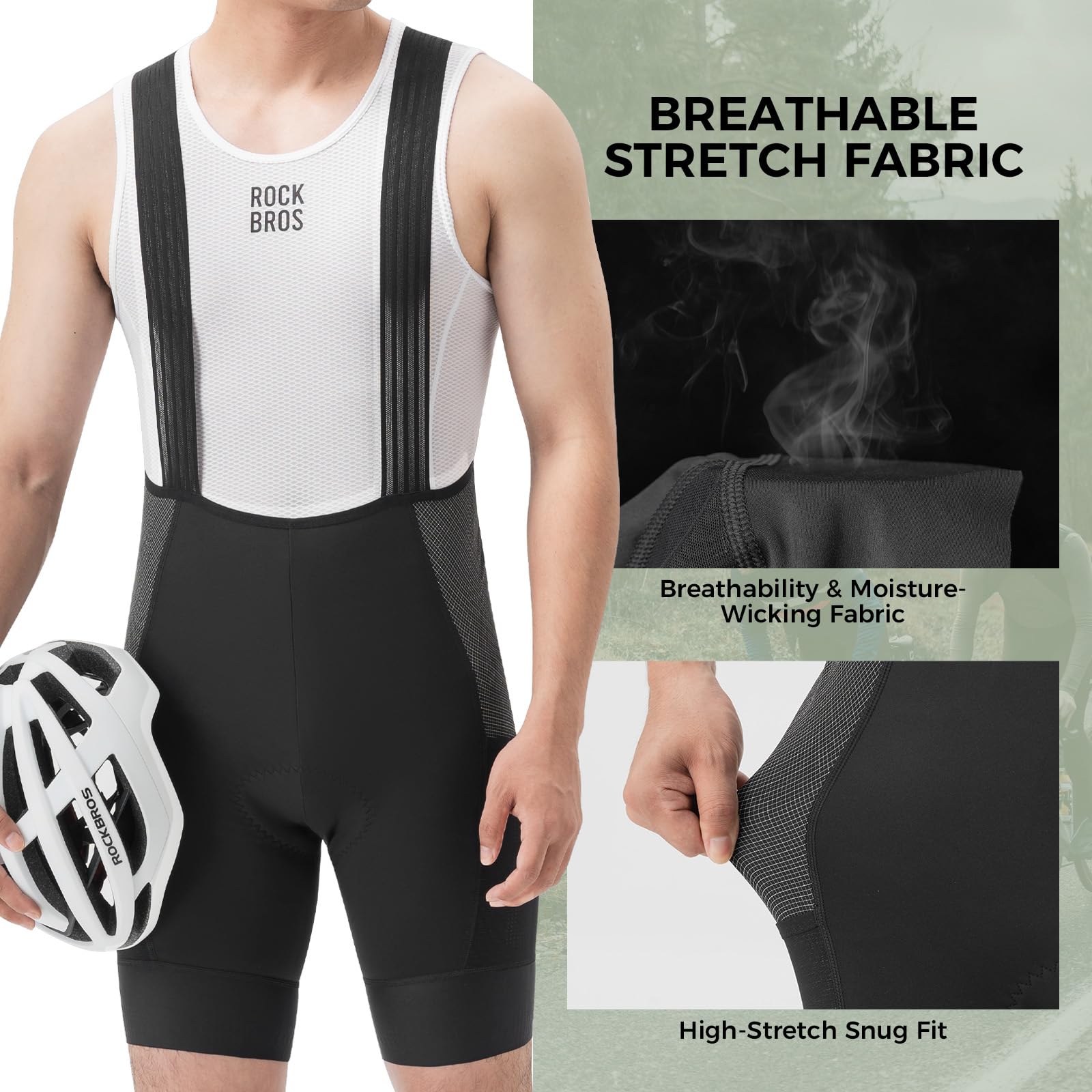 ROCKBROS Letnie męskie spodenki rowerowe z szelkami, spodenki z 5 kieszeniami, oddychające i elastyczne ergonomiczne wyściełane antywibracyjne do rowerów szosowych i MTB, czarne
